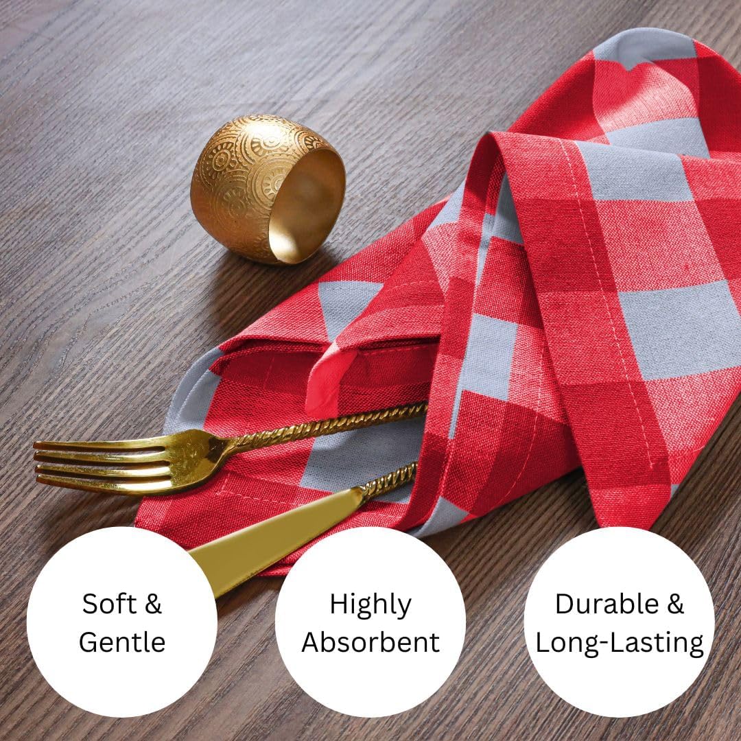 Dinner Napkins Cotton 18x18 inch Set of 6 - Soft Durable Washable - Ideal for Farmhouse Parties Wedding Holidays Christmas - Perfect Everyday Use Gingham Check Table Cloth Napkins Red