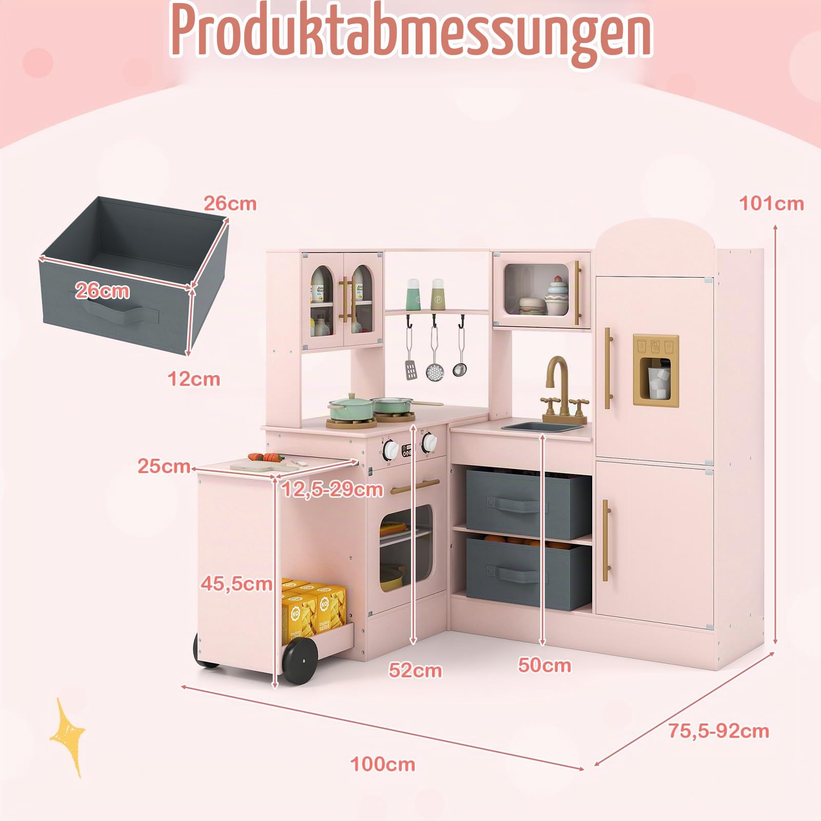 COSTWAY Kinderküche mit Licht und Sound, Eck Spielküche mit ausziehbarer Arbeitsplatte, Spüle, Herd, Ofen & Kühlschrank, Spielzeugküche inkl. Zubehör & Stoffkörben, für Kinder ab 3 Jahren (Rosa)