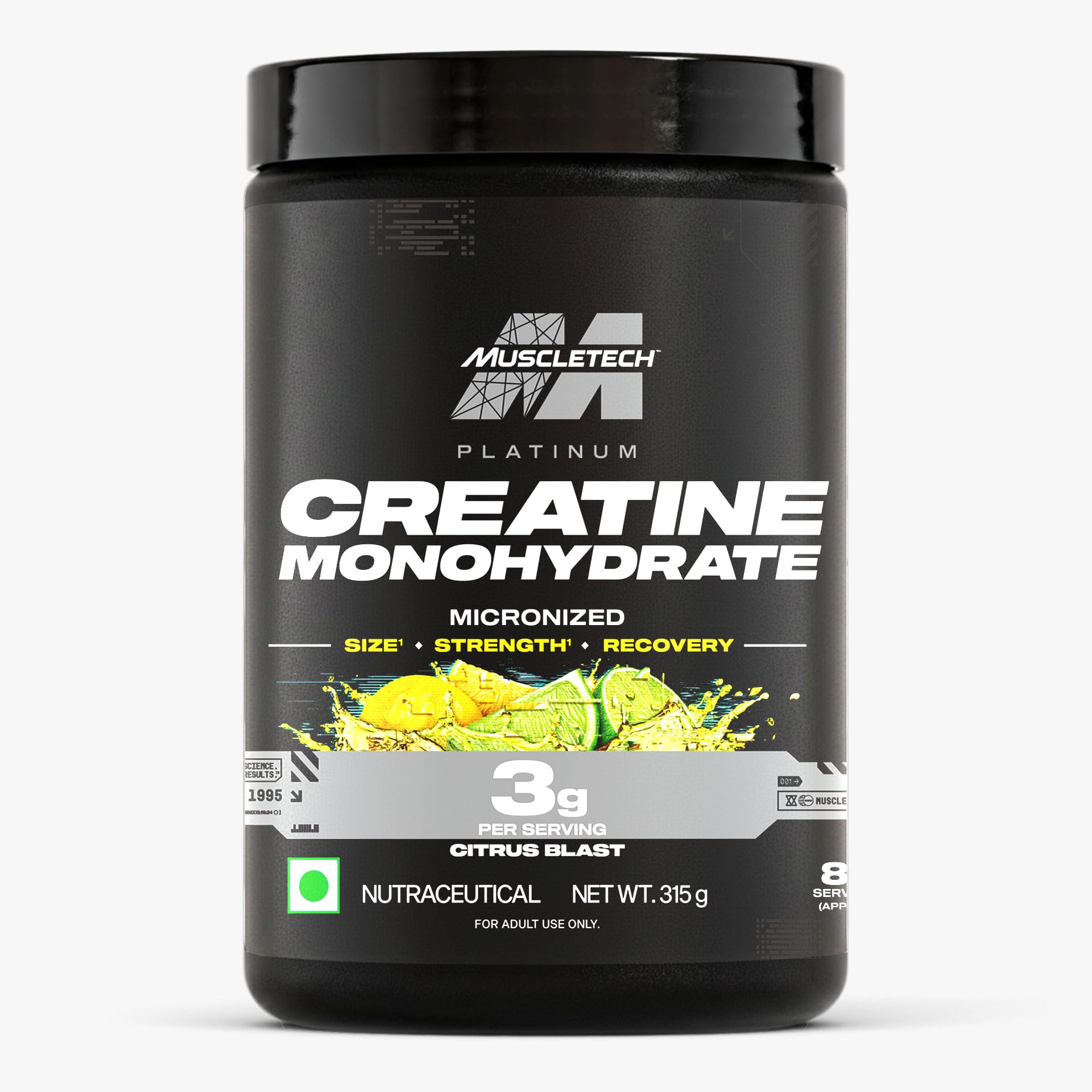Platinum Creatine Monohydrate Micronized Powder | 3 g Creatine per Serving | Improves Strength, Power & Muscle Recovery | Citrus Blast Flavour | 83 Servings (315 g)