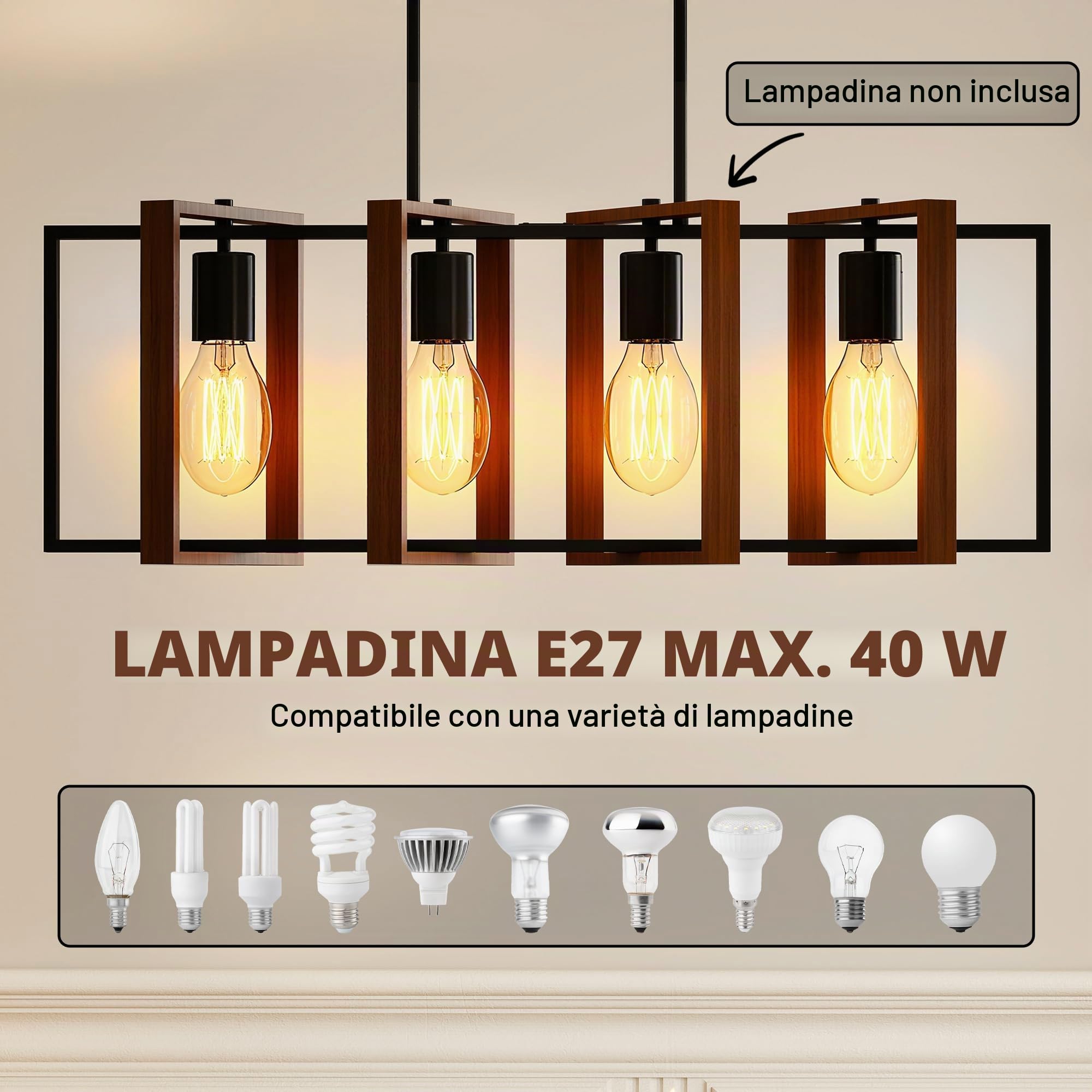 HOMCOM Lampadario a Sospensione 80x21x90-130 cm Nero e Marrone Noce | Altezza Regolabile, Stile Aziendale, Prese E27, Soggiorno Sala Da Pranzo Corridoio, Lampadina Non Inclusa