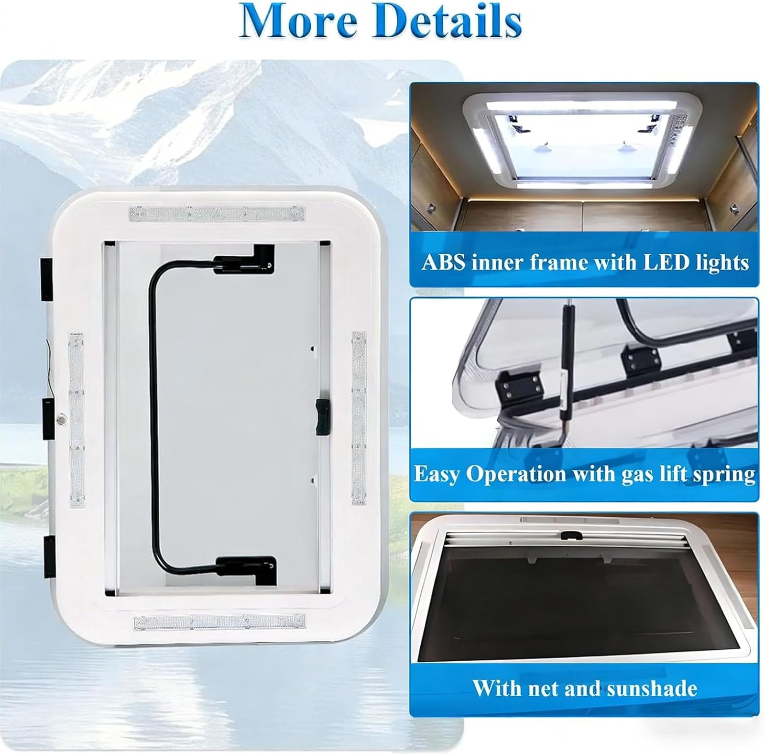Caravan Vent Window with LED Lights, 19.7''/27.6''/31.5'' x19.7'' Cut Out RV Caravan LED Skylight Large Caravan RV Skylight Anti-UV Roof Vent Hatch W/Sunshade(700 * 500mm (27.6 * 19.7in))