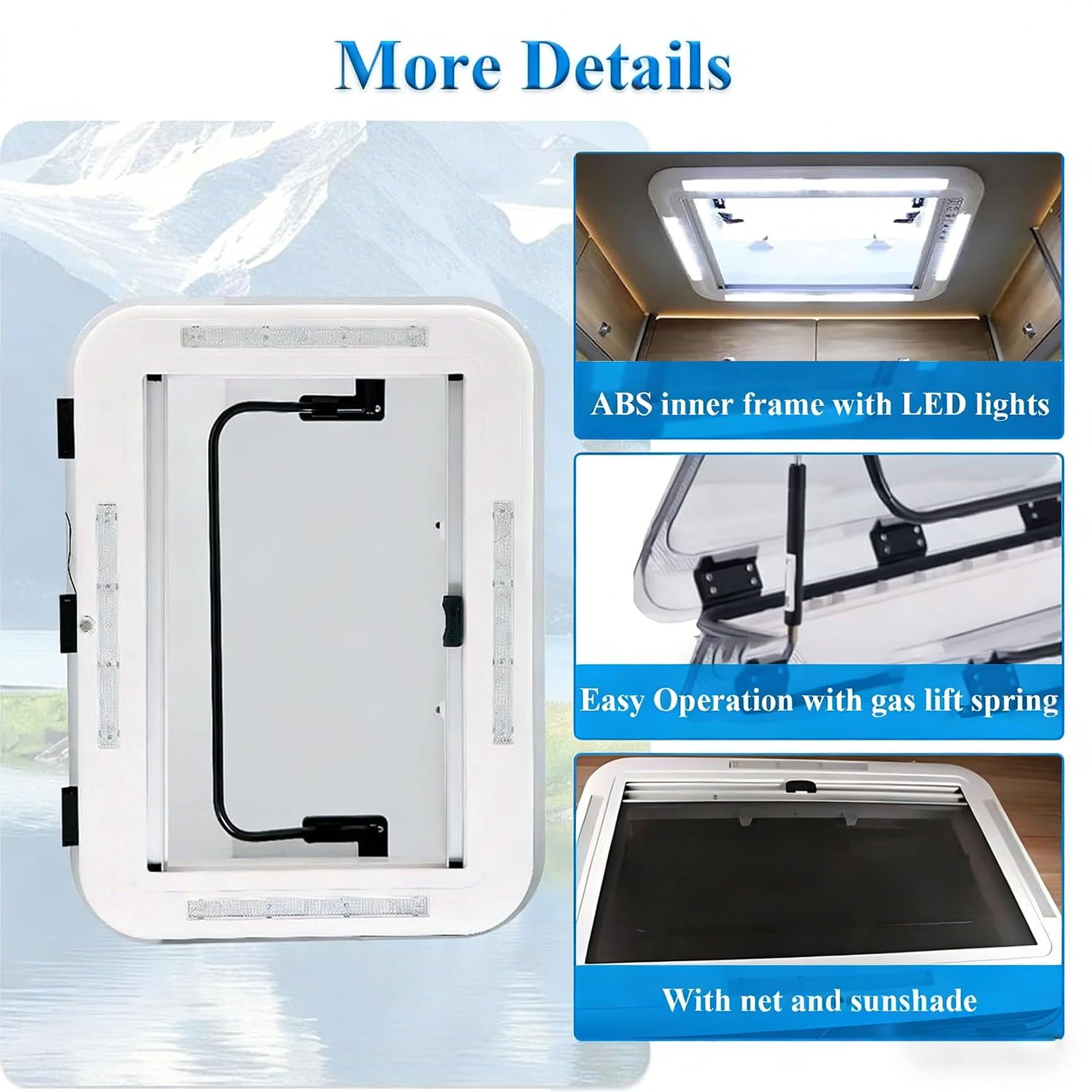 Ventilazione per tetto di camper, oblò con ventilazione forzata + LED, spessore del tetto 25-60 mm, finestra da tetto in lega di alluminio per roulotte e camper(700 * 500mm (27.6 * 19.7in))