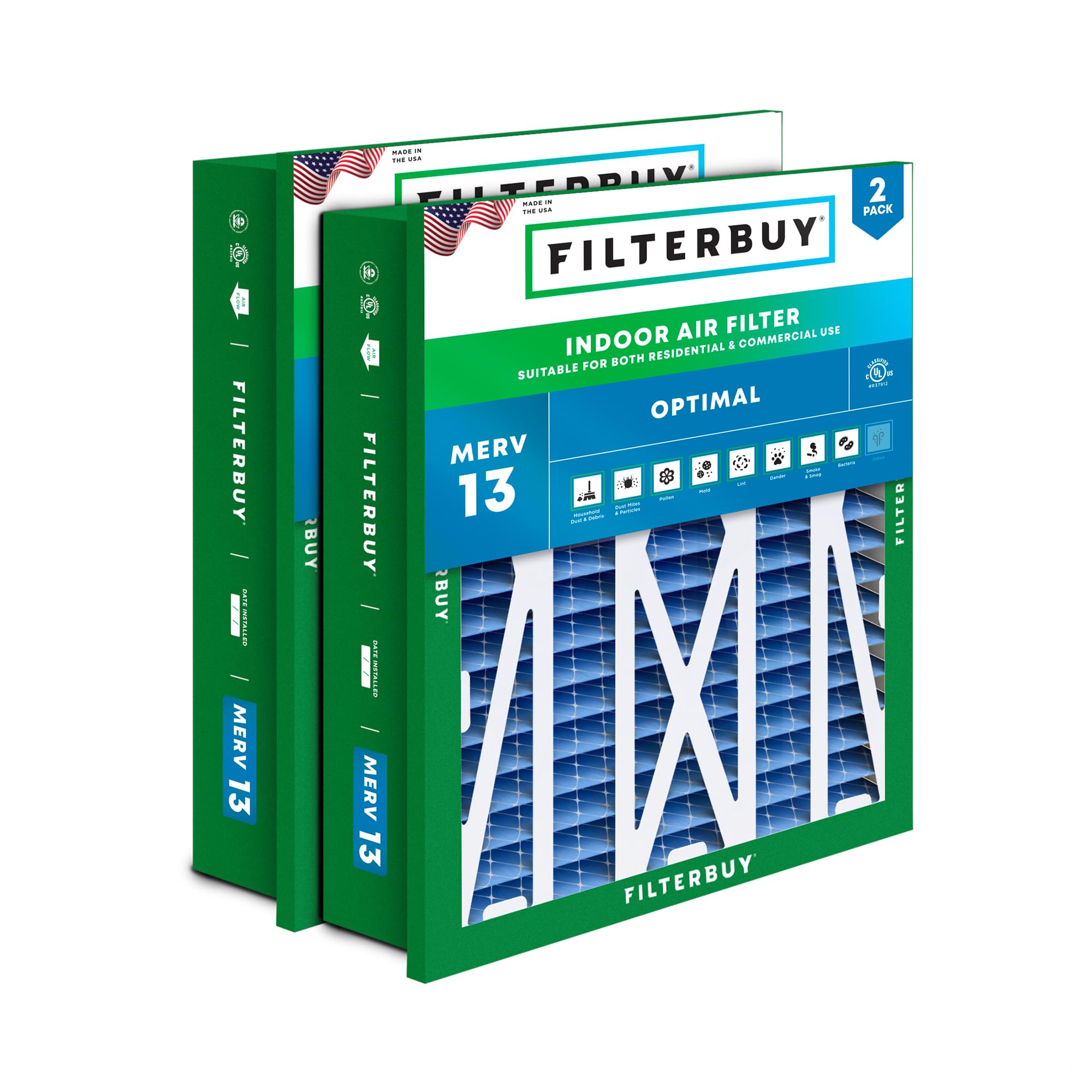 Filterbuy 20x20x5 Air Filter MERV 13 Optimal Defense (2-Pack), Pleated HVAC AC Furnace Air Filters Replacement for Honeywell Return Grille FC40R1003 (Actual Size: 18.38 x 18.38 x 3.69 Inches)