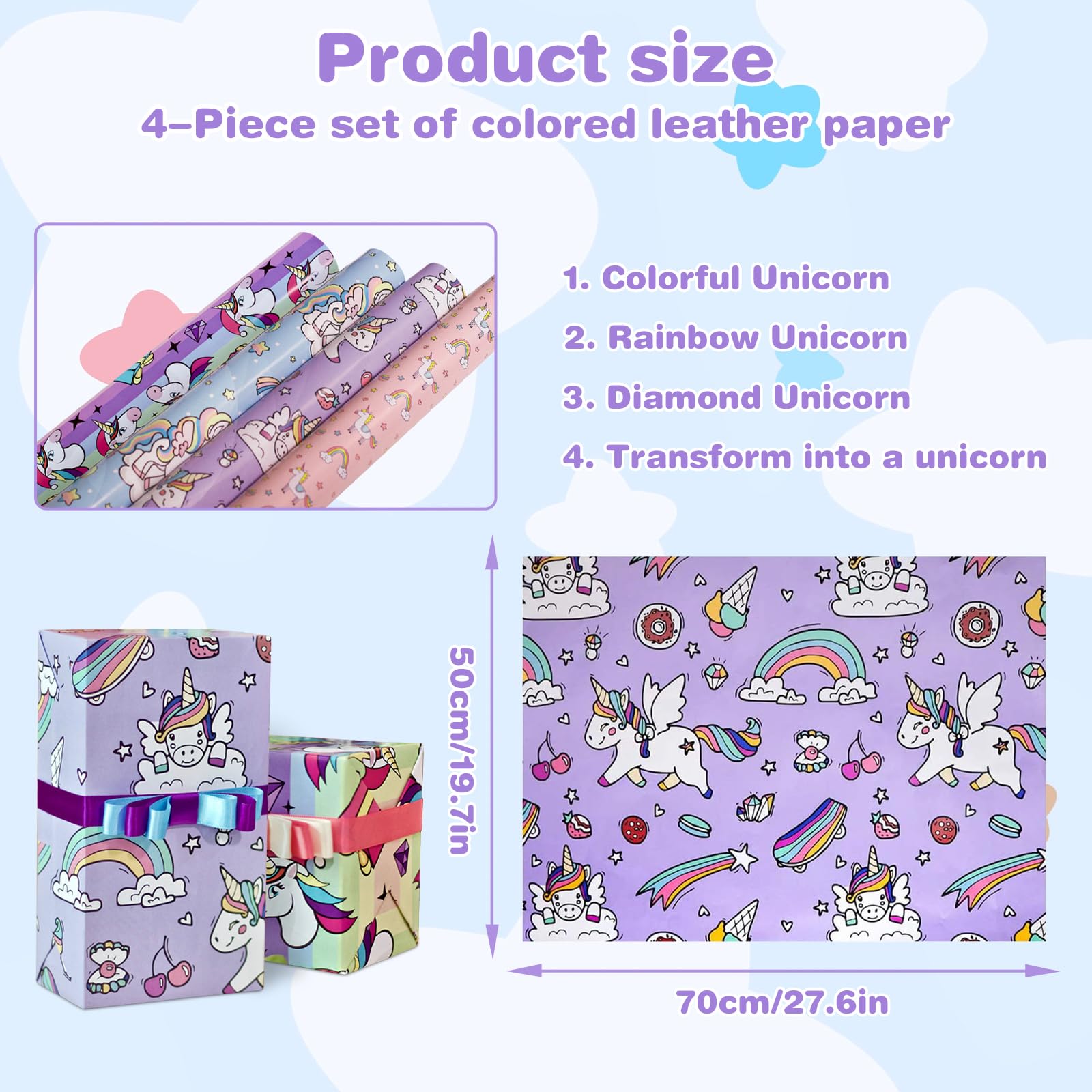 4 Piezas Papel Regalo Niños, Unicornio Arcoíris Hojas, Dibujos Animados para Niñas, Bodas, Cumpleaños, San Valentín, Navidad y Fiestas (50 x 70 cm)