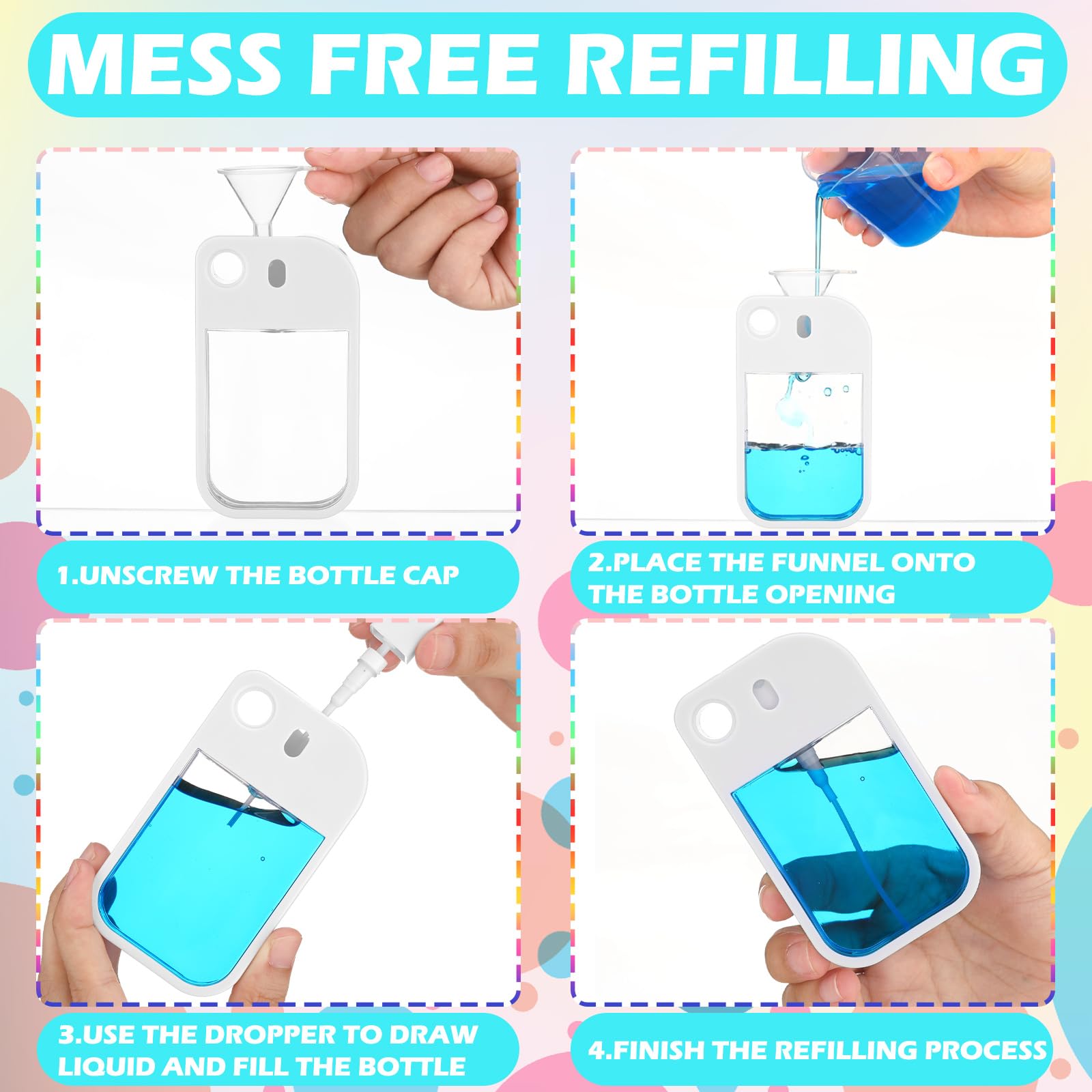 Rtteri Leere Händedesinfektionsmittel-Sprühflasche, Reisegröße, Mini-Händedesinfektionsmittel, Gummi-Umhängeband, tragbar, nachfüllbar, Parfümflasche, Trichter, Tropfer für Geldbörse, Rucksack