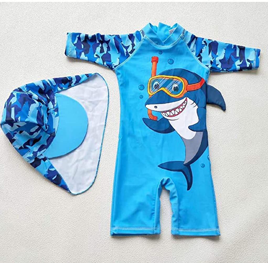 Toddler Baby Boys Swimsuit One Piece Bathing Suit Rash Guard Swimwear UPF 50+ with Hat (Shark, 9-18 Months)