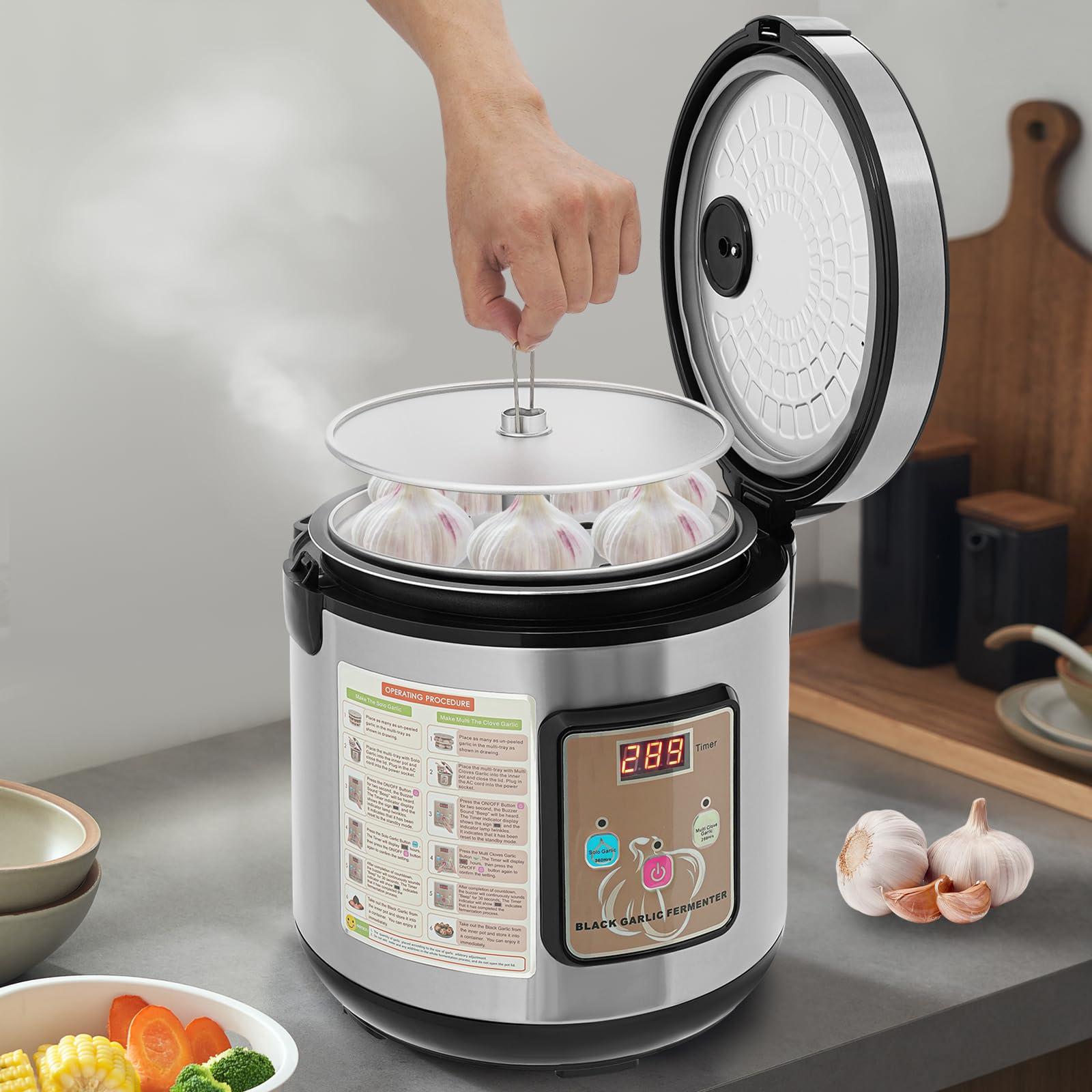 90W 6L Schwarzer Knoblauch Fermenter, Automatischer Gärtopf mit 360° Heizung, 12/15 Tage Programm, Temperatur 50–85°C, Mehrzweck Fermentiergerät für Knoblauch, Joghurt, Kimchi (Schwarz + Violett)