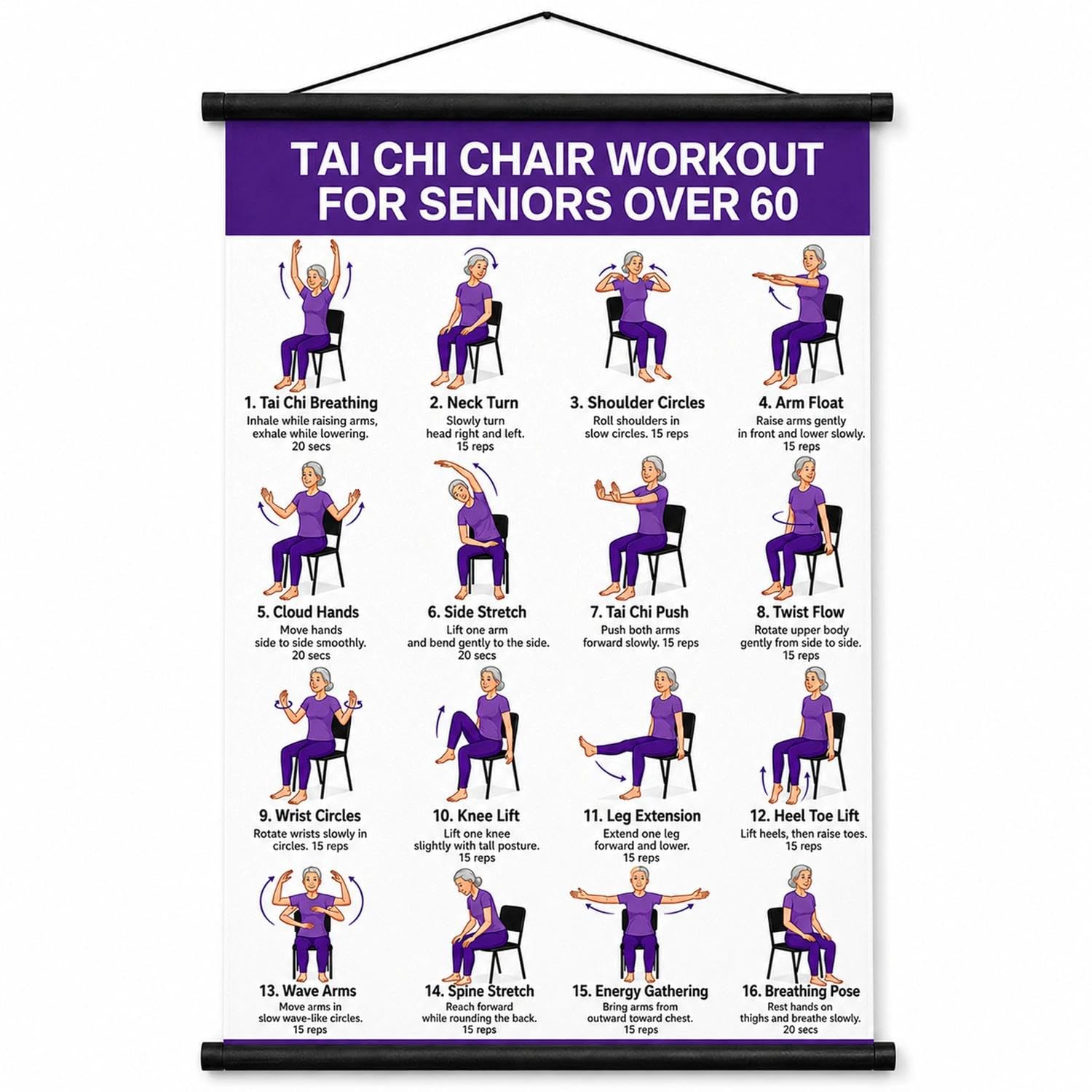 Tai Chi Chair Exercise Chart, Seated Tai Chi Fitness Wall Art for Beginner