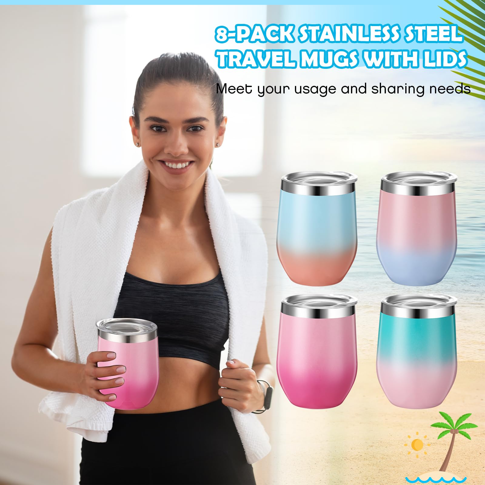 Baderke Weingläser mit Deckel, 340 ml, Edelstahl, Weingläser für Damen, wiederverwendbar, doppellagig, Reisebecher für Kaffee, Cocktails, Getränke, Farbverlauf, mehrfarbig, 8 Stück