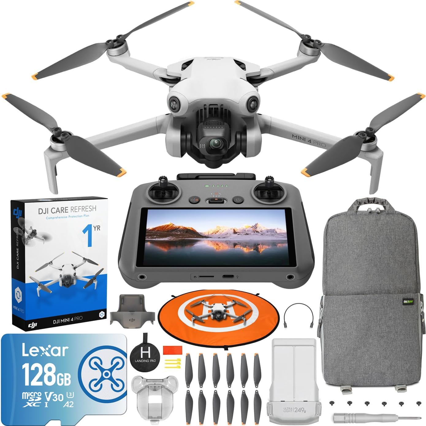 DJIMini 4 Pro Folding Drone with RC 2 Remote (With Screen) 4K HDR Video, Under 249g, 34 Mins Flight Time, Omnidirectional Vision Sensing Bundle with 1 Year DJI Care Refresh Plan & Accessories
