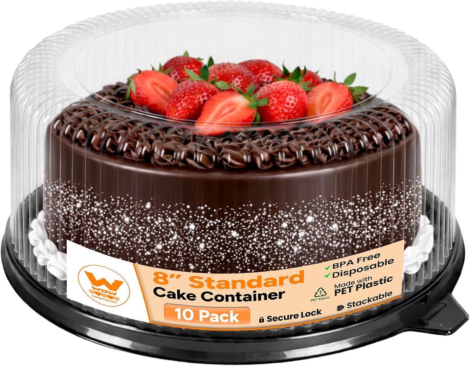 WOW – 8″ Standard PET Round Cake Carrier – 10-Pack Cake Container for Desserts, Pies, Pastries – 10.5″ Diameter, 4.0″ Tall – Clear Dome Lid, Stackable & Secure Hold