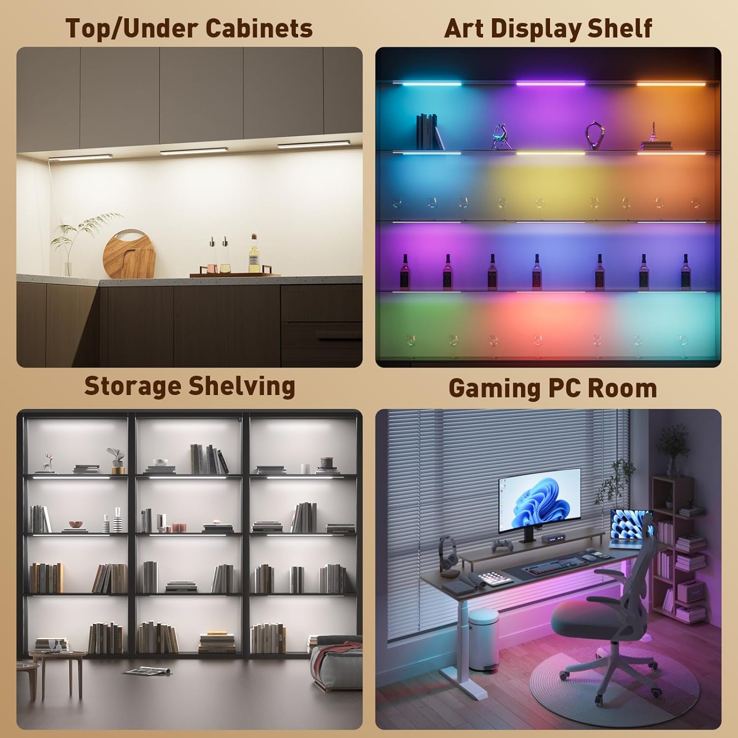 150-LED Closet Lights,Under Cabinet LED Lighting Plug in,15 colors RGB Color Changing Lights with Remote Control, 5-Level Dimming & 3 Lighting Temperature Support ideal for Kitchen, Counter,Bookshelf