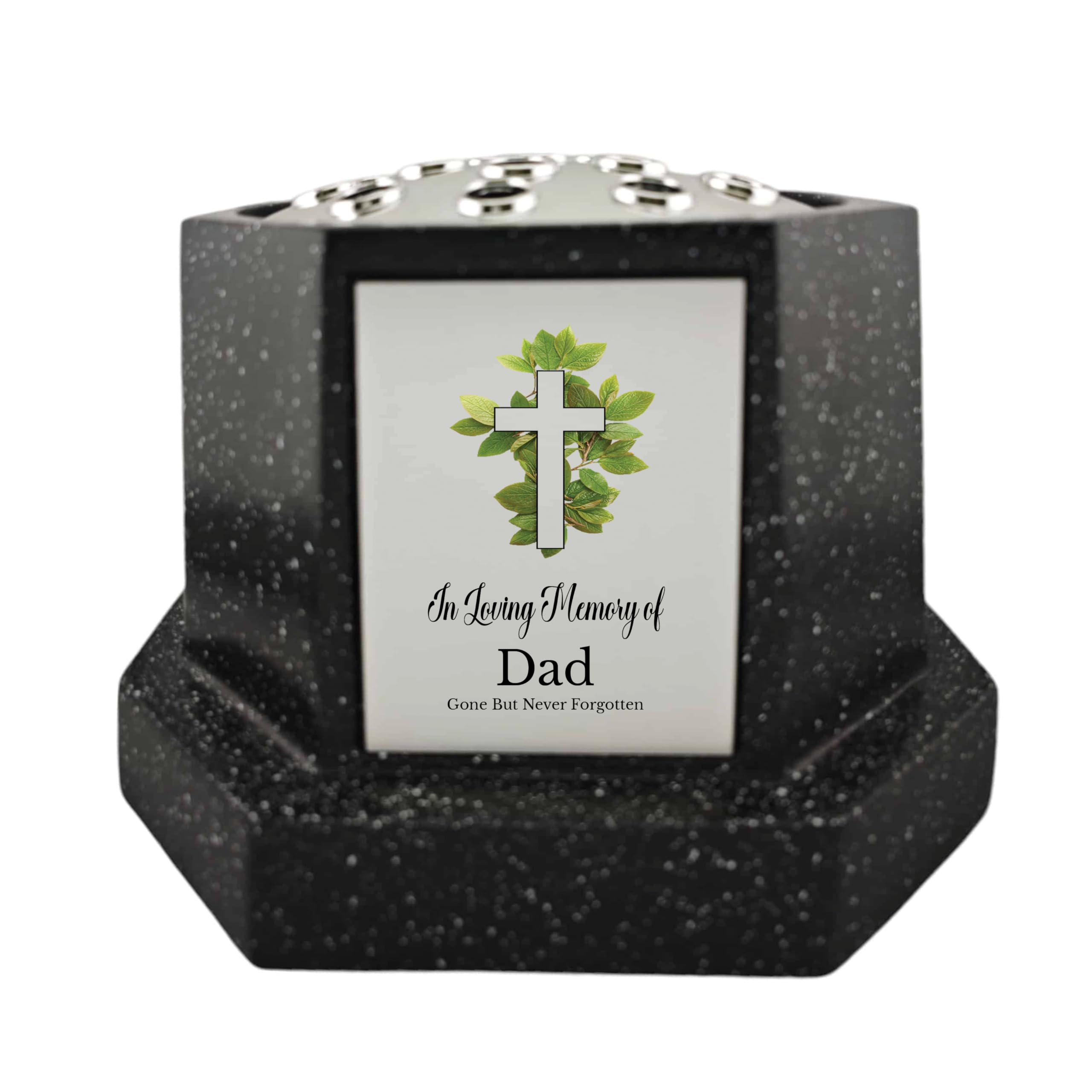 In Loving Memory Of Memorial Octagon Rose Bowl Grave Marker Flower Pot Vase With Cross Design Mum Dad & Lots More Black/Silver (UV PRINTED) (Dad)