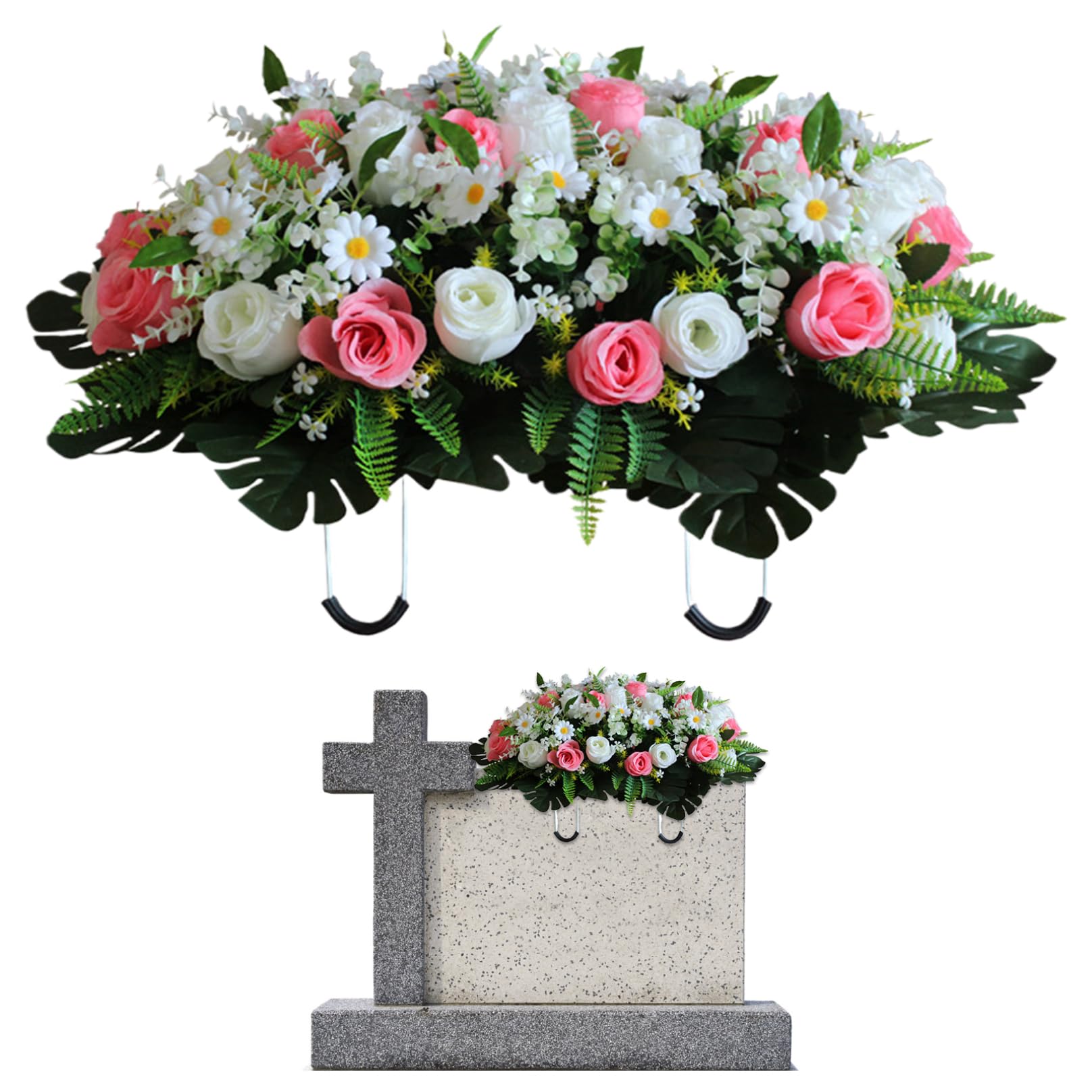 Wedhapy Grave Flowers for Cemetery Artificial Grave Flowers Realistic Cemetery with Saddle Silk Chrysanthemum 25.2x18.5in Memorial, Style1