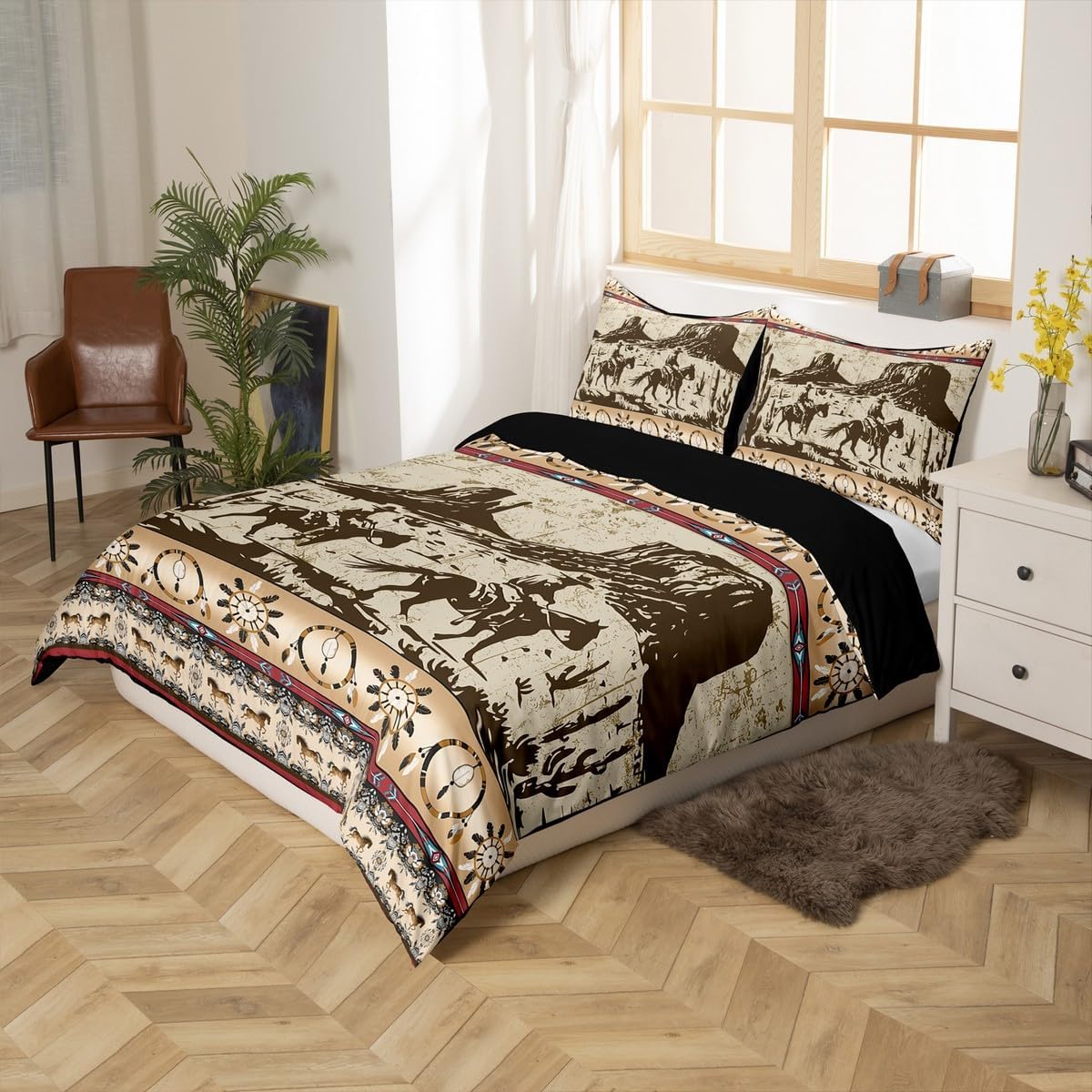 Feelyou Brown Western Bedding Duvet Cover Set Queen Size Horse Cowboy Bedding Set Decor Southwestern Geometric Rustic Western Comforter Cover Set Wild Cowboy Bedspread Cover,No Comforter