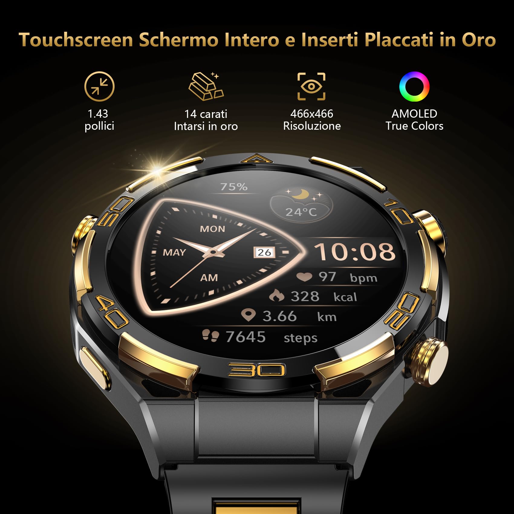 IOWODO Smartwatch Uomo Business, Display AMOLED 1.43", Batteria 900mAh, 100 Giorni Standby, Orologio Intelligente Premium con CHATGPT, GPS e Monitoraggio Salute per Android iOS,2 Cinturini