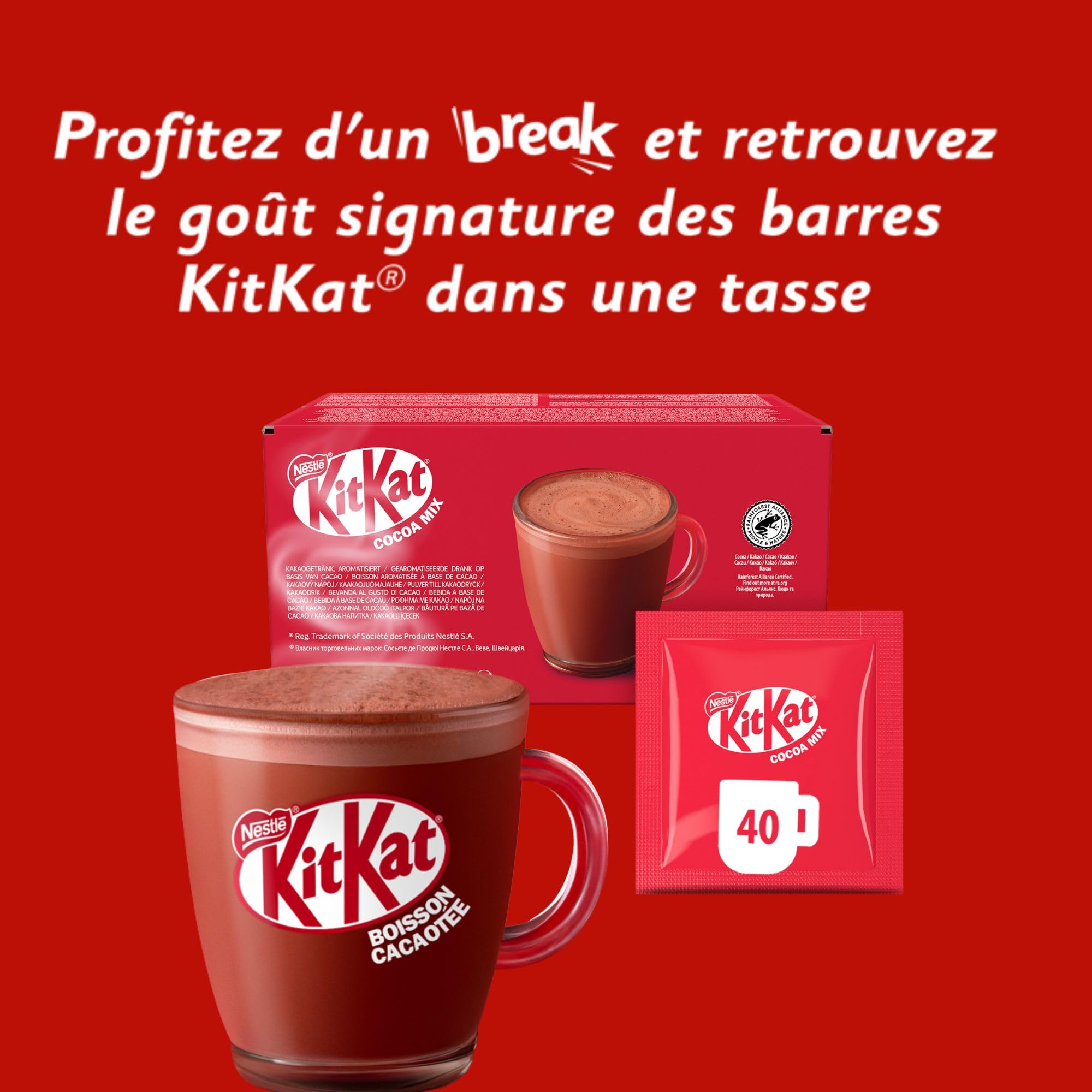 KITKAT Boisson Cacaotée Goût Gaufrettes - 40 Sachets Solubles - Pour Préparer un Chocolat Chaud Instantané - A Mélanger avec de l'Eau - Cacao Certifié Rainforest Alliance - 40 Sticks de 28g