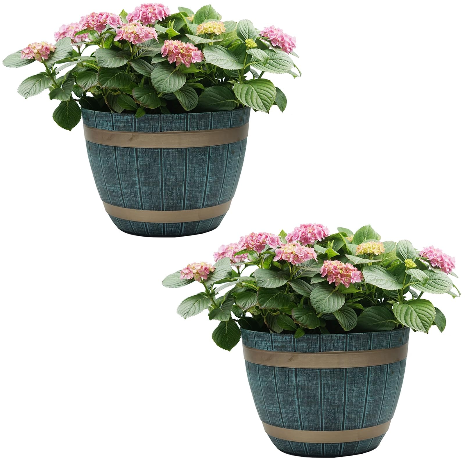 Gr8 Garden Blue Set Of 2 Large Rustic Wood Style Wooden Effect Plastic Half Barrel Cask Planter 38Cm Patio Flower Plant Pot Tub