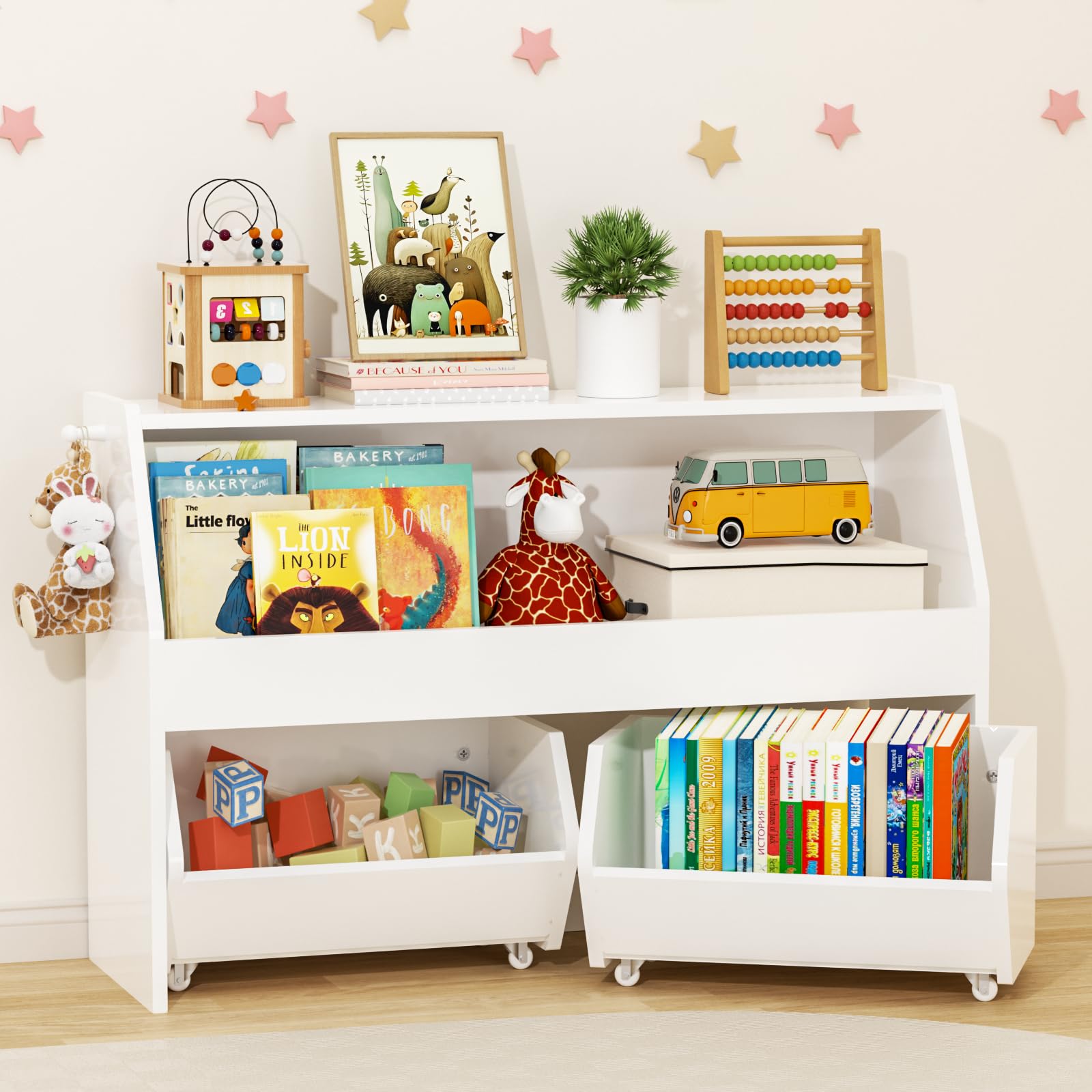 Meuble Rangement Enfant, Rangement Jouet Enfant Étagère avec 2 Tiroirs Roulants, Bois Meuble Rangement Jouet avec Crochet, pour Chambre Enfant/Salle de Jeu -Blanc 91x30 x60 cm
