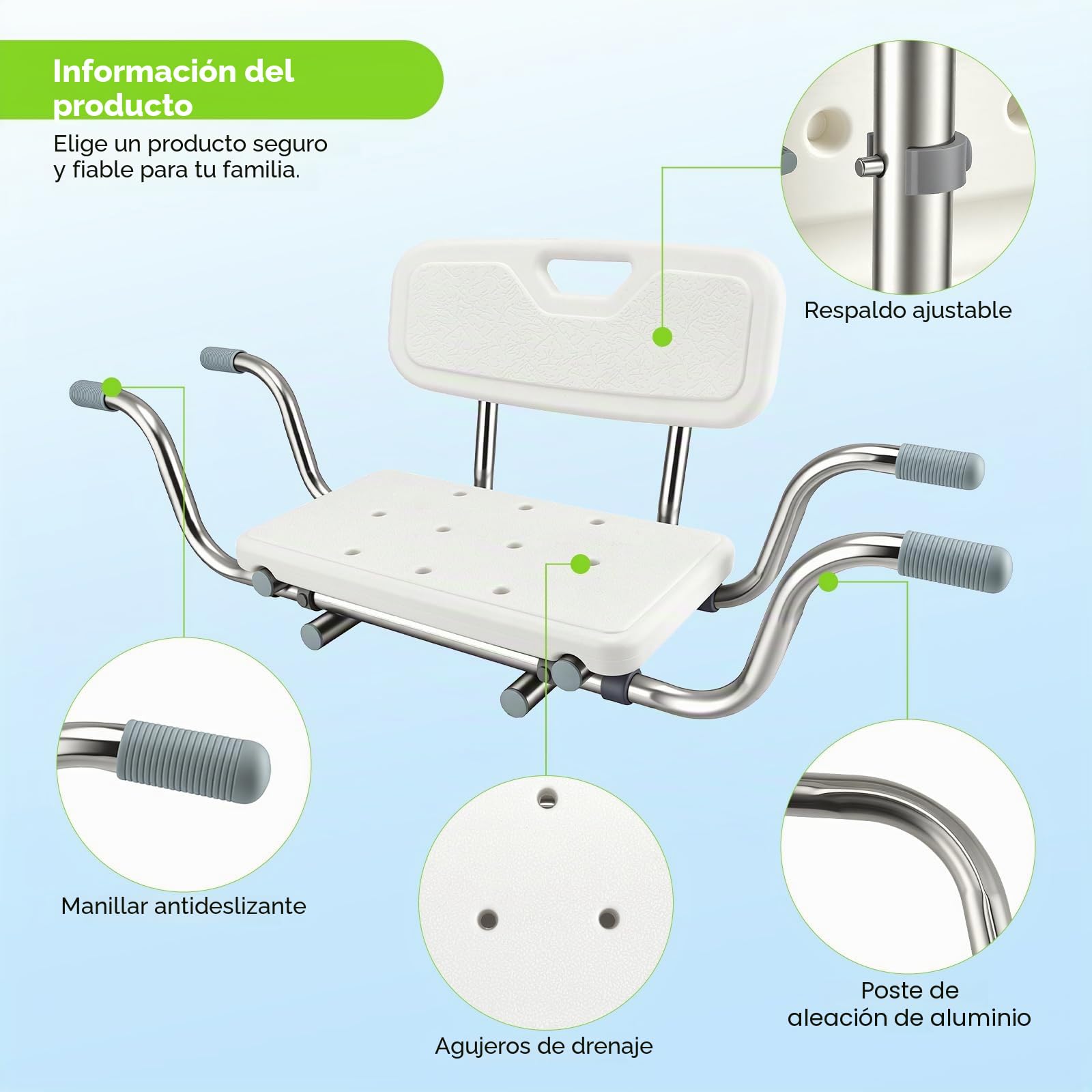 Silla bañera Adultos con Respaldo extraíble, Asiento bañera Adulto Regulable 76-86 cm, Patas Antideslizantes, soporta 150 kg – Silla bañera Personas Mayores para bañera y Ducha