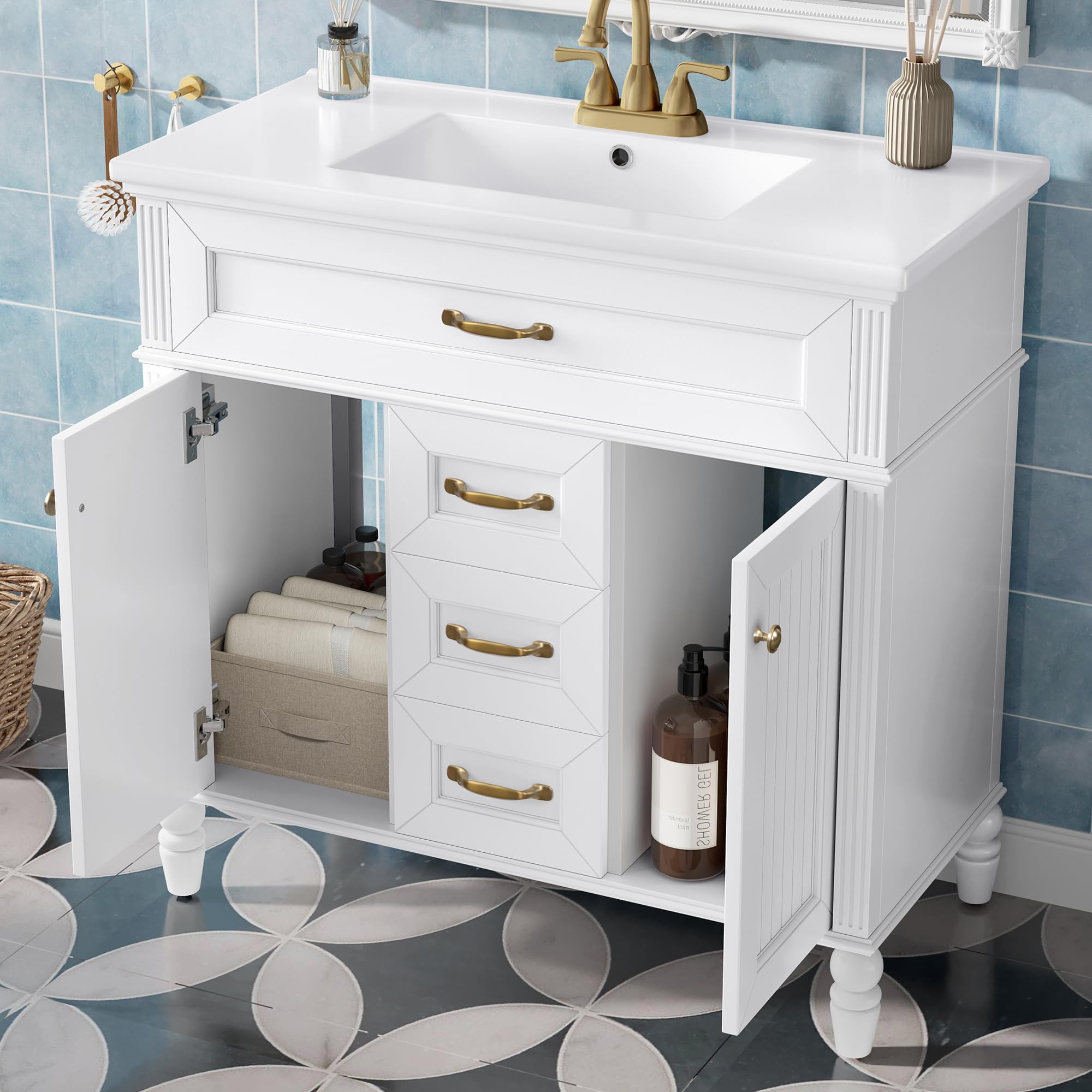 Favfurish 36" Bathroom Vanity with Ceramic Sink, Undermount Single Basin Bath Vanity Set w/2 Soft-Close Doors &amp; Flip-Out Drawer, Modern Solid Wood Frame Freestanding Cabinet w/Golden Handles, White