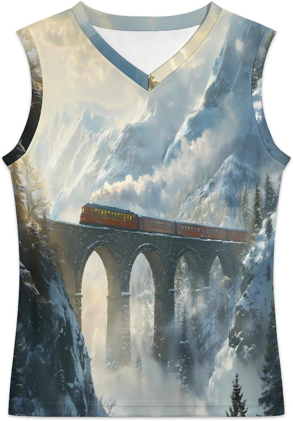 A Red Train Is Driving on The Stone Arch Bridge Men's V-neck Basketball Tank Top Sleeveless Workout Tank Shirts Gym Fitness Tees Vest L