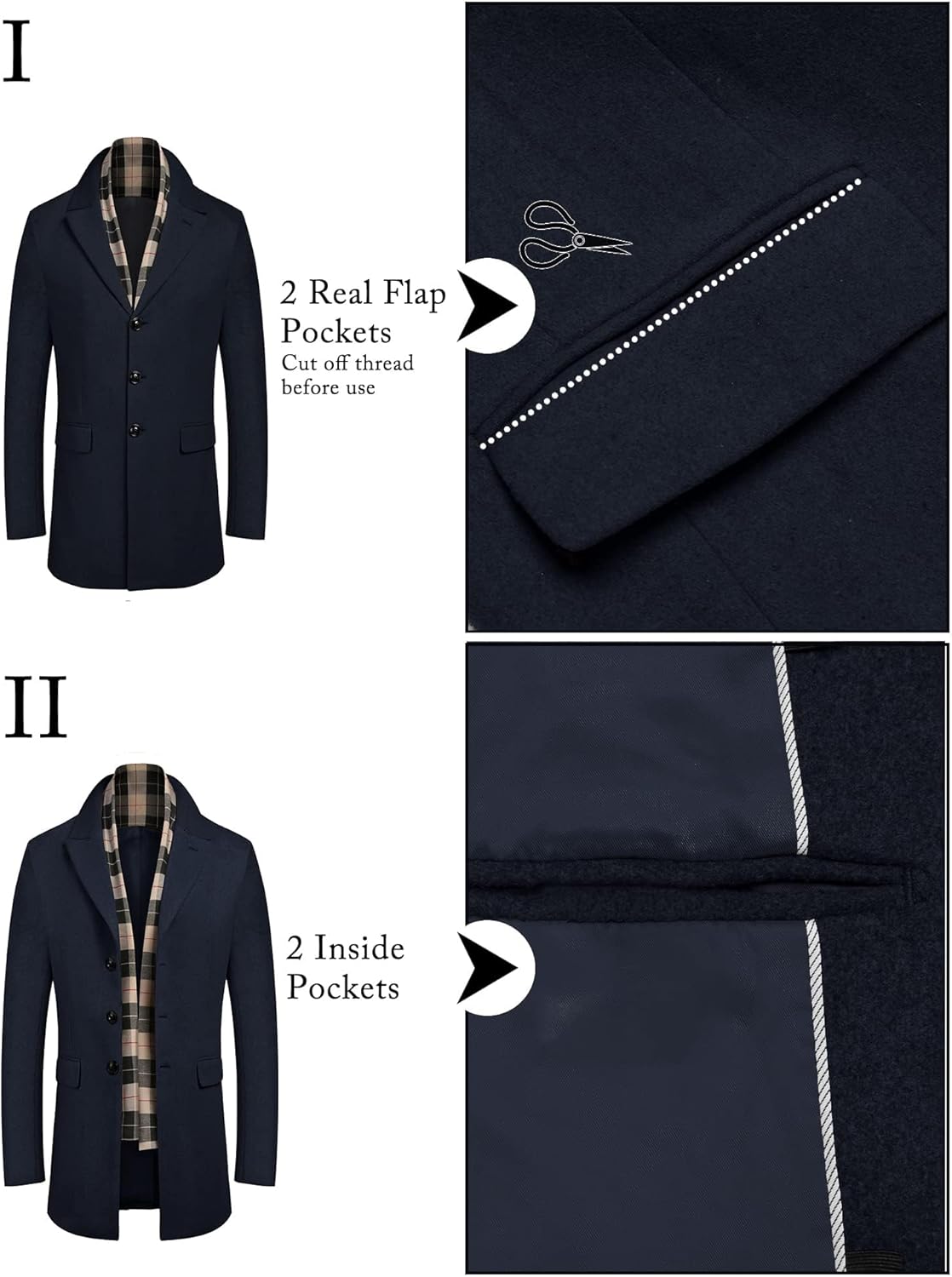 COOFANDY Men's Wool Blend Coat with Detachable Plaid Scarfs Notched Collar Single Breasted Pea Coat Trench Overcoat - Image 4