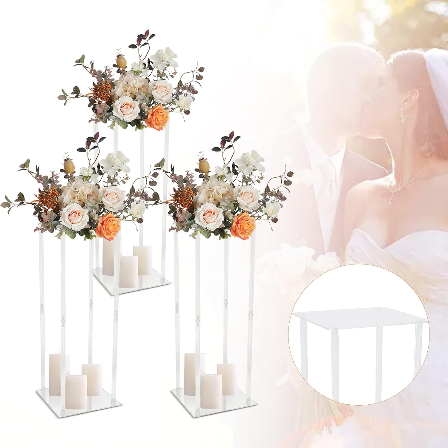 3pcs Wedding Flower Stand Acrylic, Clear Flower Rack, Wedding Geometric Flower Vase Column Stand for Wedding Party Table Centerpiece for Home Decor, 11.41*11.41*31.49in