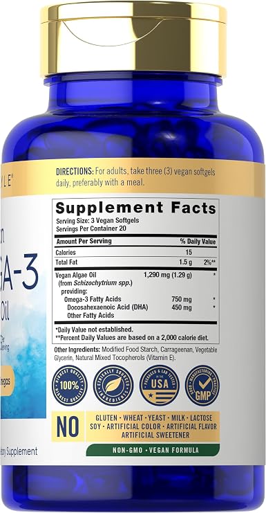 Carlyle Vegan Omega 3 Supplement | 1290 mg | 60 Softgels | Plant Based
