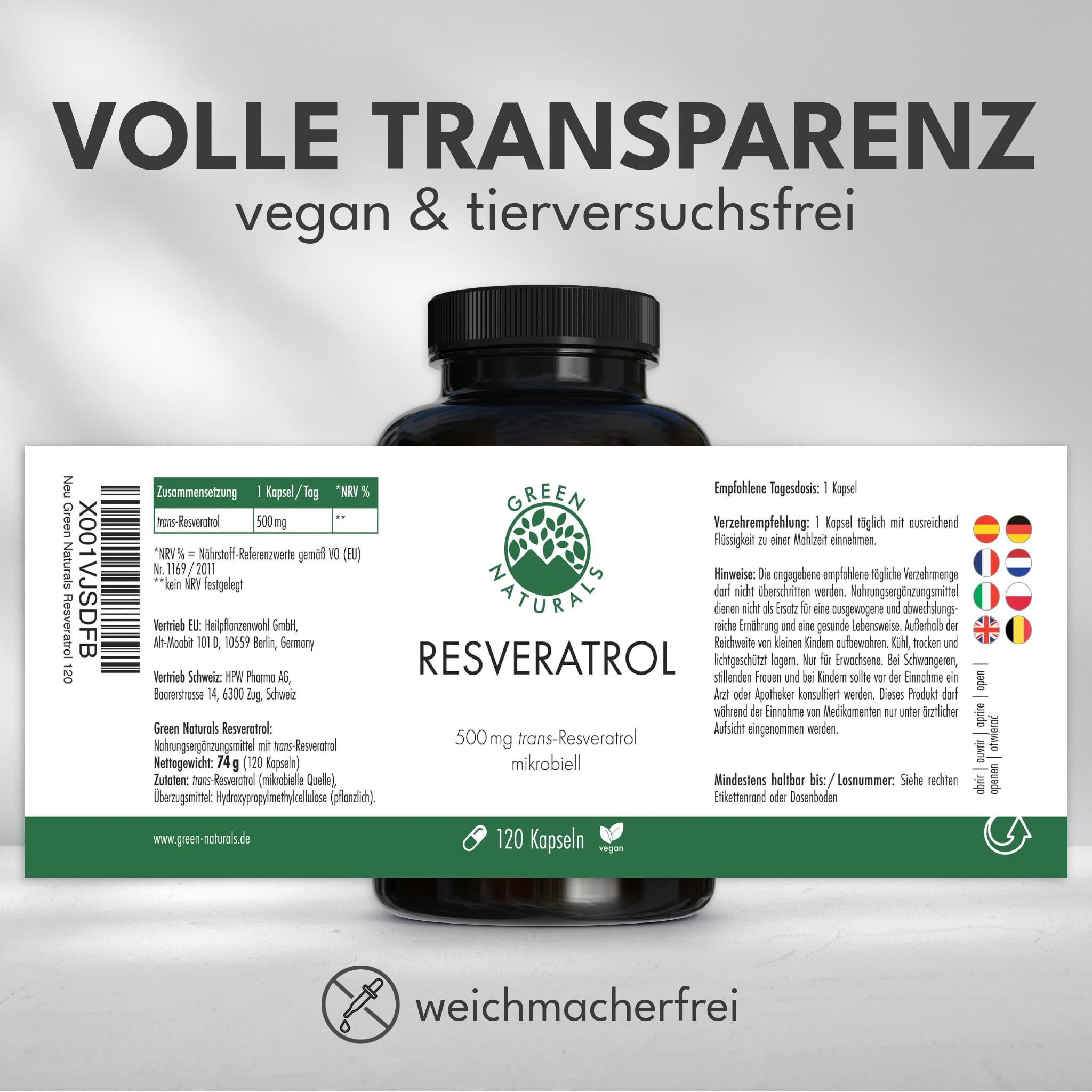 Green Naturals® Trans Resveratrol 500mg - 120 Kapseln - Reinheit: >98% Trans-Resveratrol - Deutsche Herstellung - 100% Vegan & Ohne Zusätze - Vorrat für 4 Monate