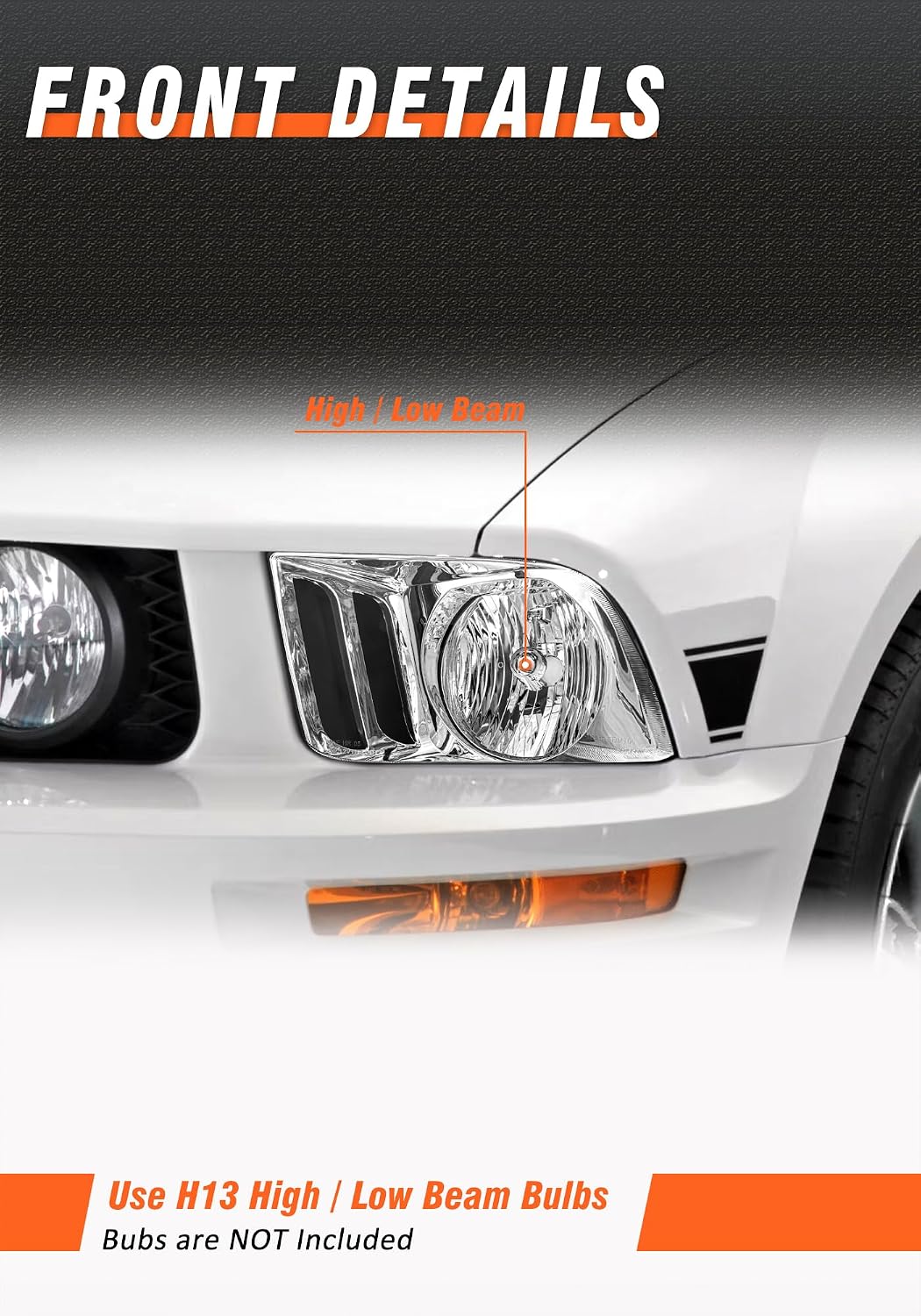 Headlight Assembly for 2005 2006 2007 2008 2009 Ford Mustang Chrome Housing Clear Lens Headlamp Replacement Left and Right Pair