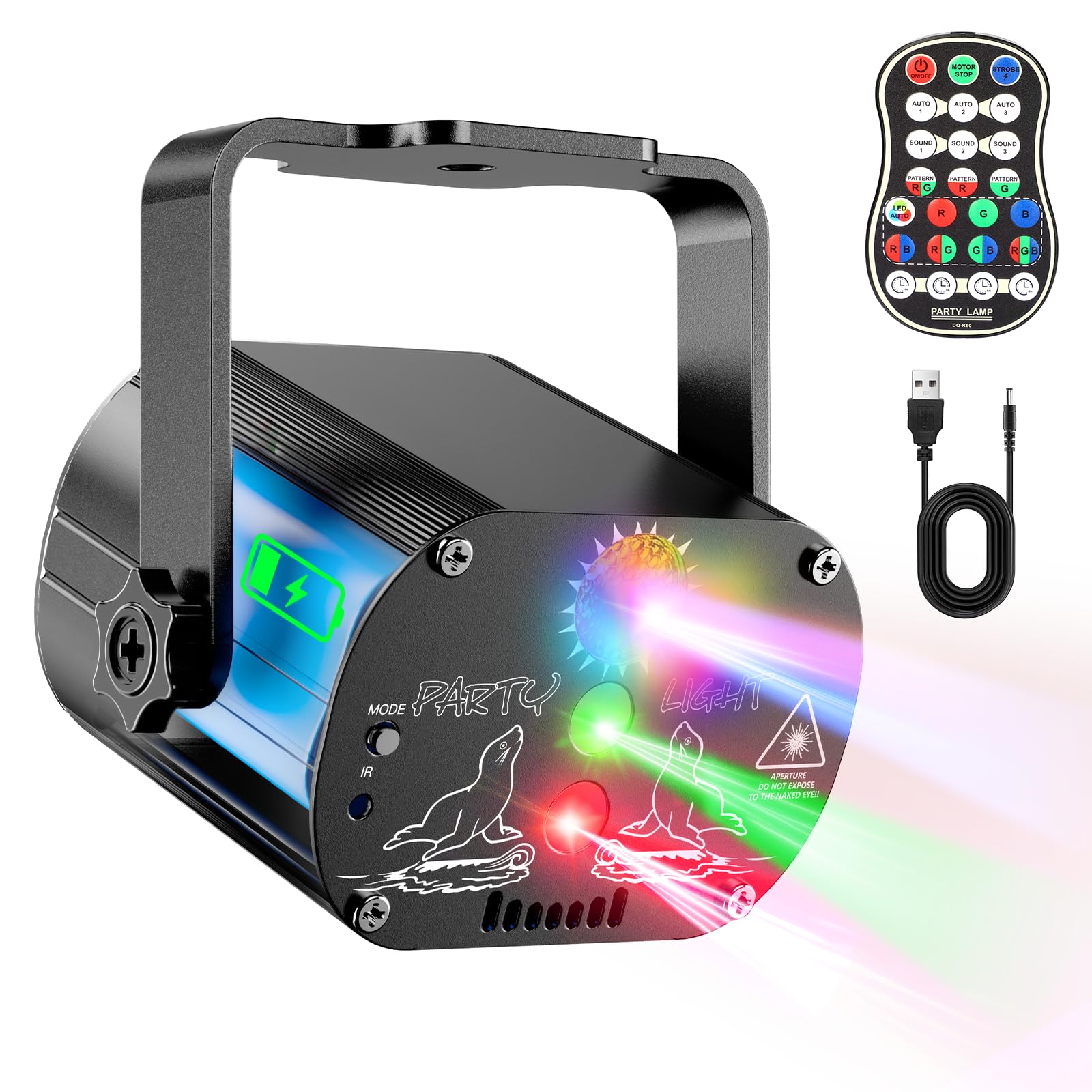 Luz de fiesta Tyonto con disco LED inalámbrico, batería de 4500 mAh y controlada por música. Proyector de 60 patrones, efecto estroboscópico, control remoto y cable USB de 2 m, ideal para fiestas