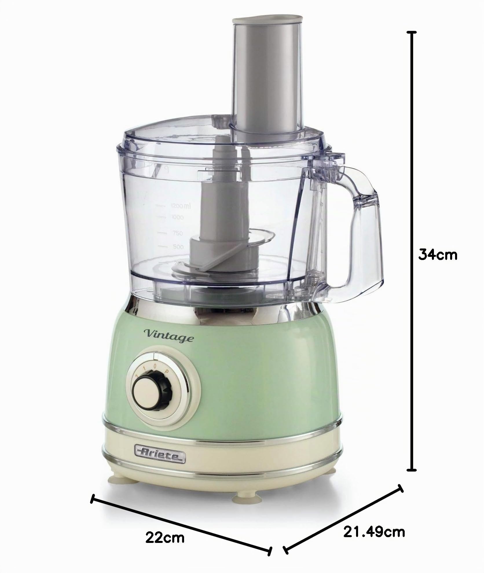 Ariete 1781 Robot de Cuisine Vintage, Hache, Pétrit, Tranche et Râpe, Lames Acier Inoxydable, 2 Vitesses+Pulse, pour Pain, Pizza, Desserts et pour Fouetter la Crème, Capacité 1,2L, 1000W, Vert