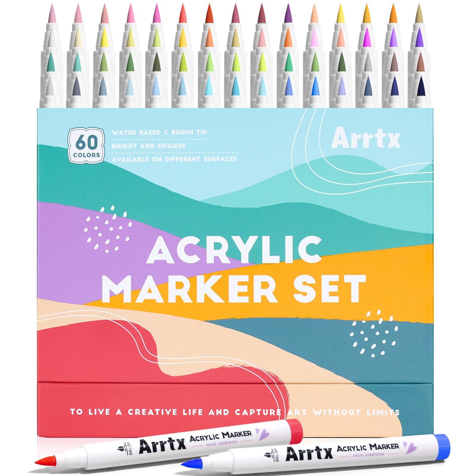 Arrtx Acrylic Markers 60C Scenic Colors,Brush Tip,Water Based Ink,Water Resistant Paint Pens Paint Art Markers for Rock Painting Stone Wood Ceramic