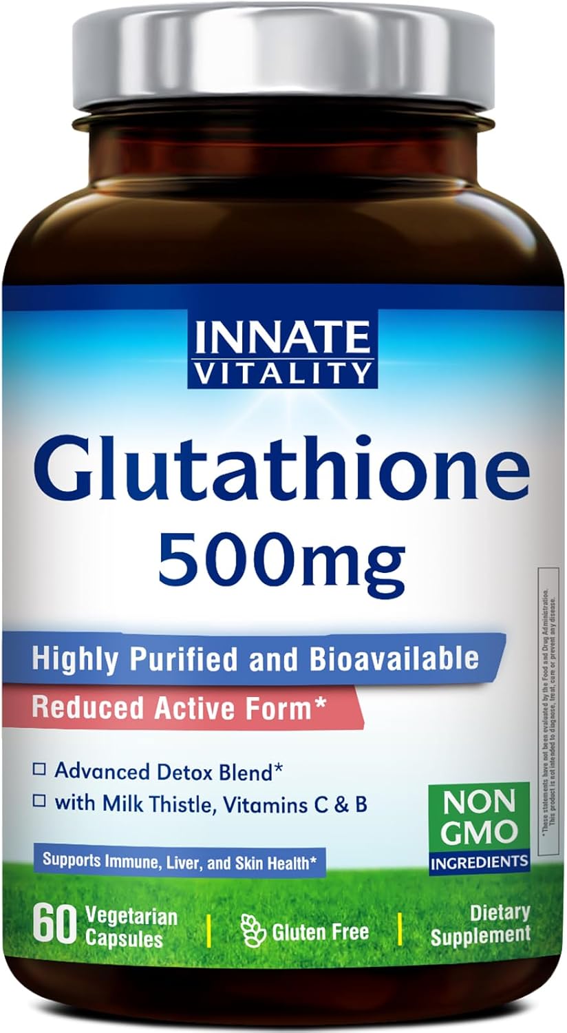 Innate Vitality Glutathione Supplement 500mg, Bioavailable Reduced Glutathione, with Milk Thistle, Vitamin C, B Complex, Immunity Defense, Liver, Antioxidant Support, 60 Capsules