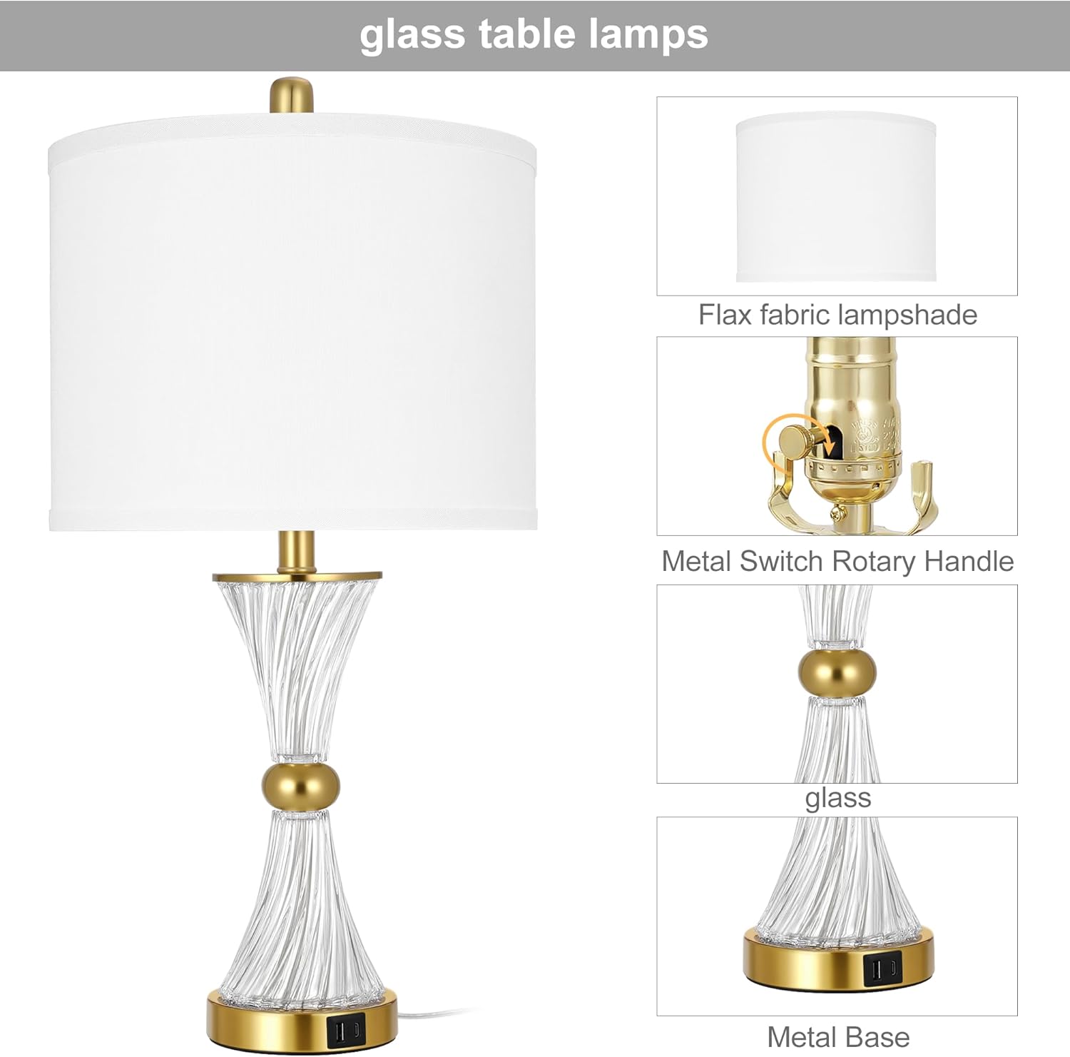 25" Crystal Glass Table Lamps Set of 2, with USB C+A Ports, Gold Bedside Lamp, White Drum Shade, for Bedroom Living Room Home Nightstand Table Lamp