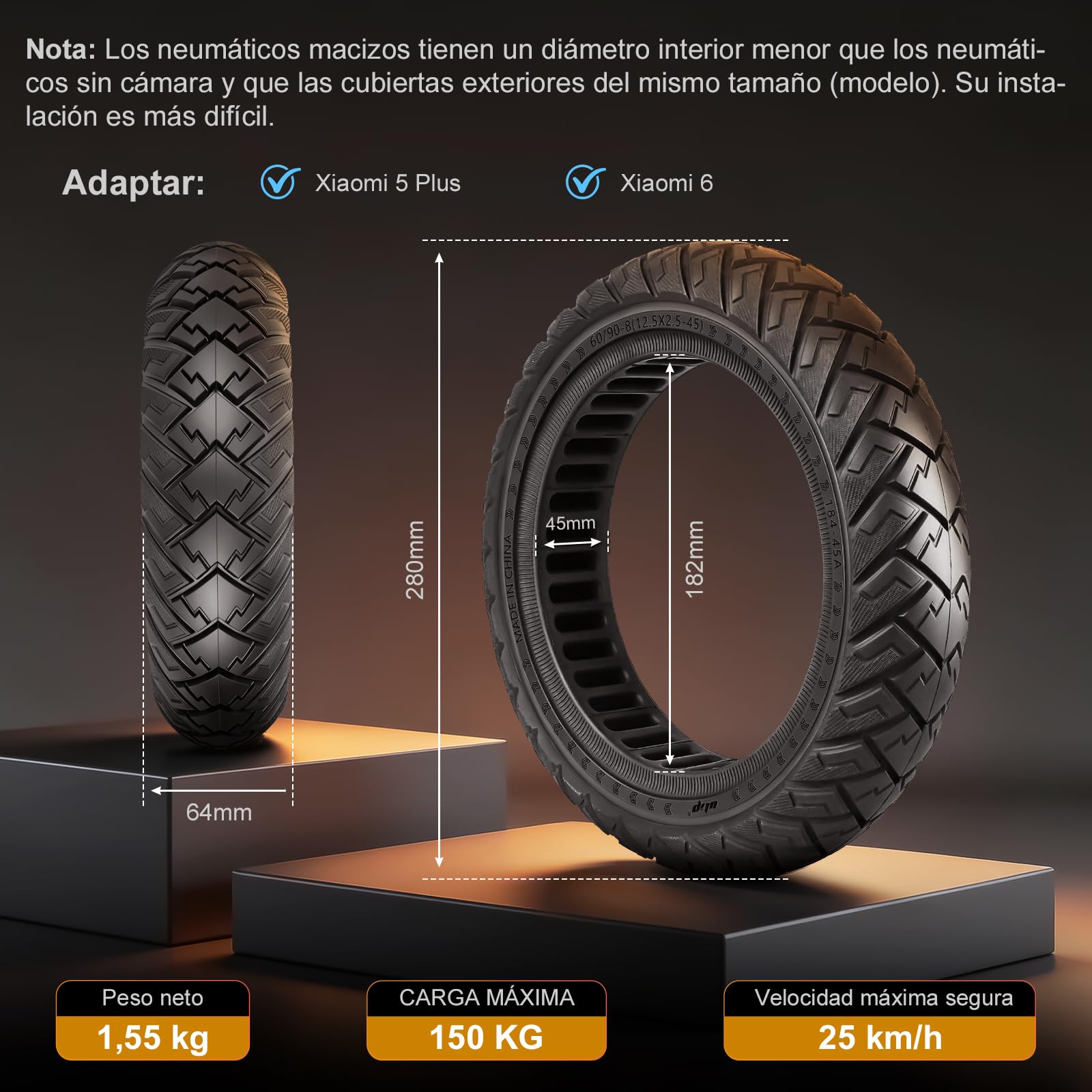 60/90-8 Neumático Maciza para Xiaomi 5 Plus, Neumático de Repuesto de 12 Pulgadas con Ranura para Tarjeta de 45 mm, 12,5x2,5 Ruedas Macizas Antideslizante y Antipinchazos (Negro 2 Piezas)