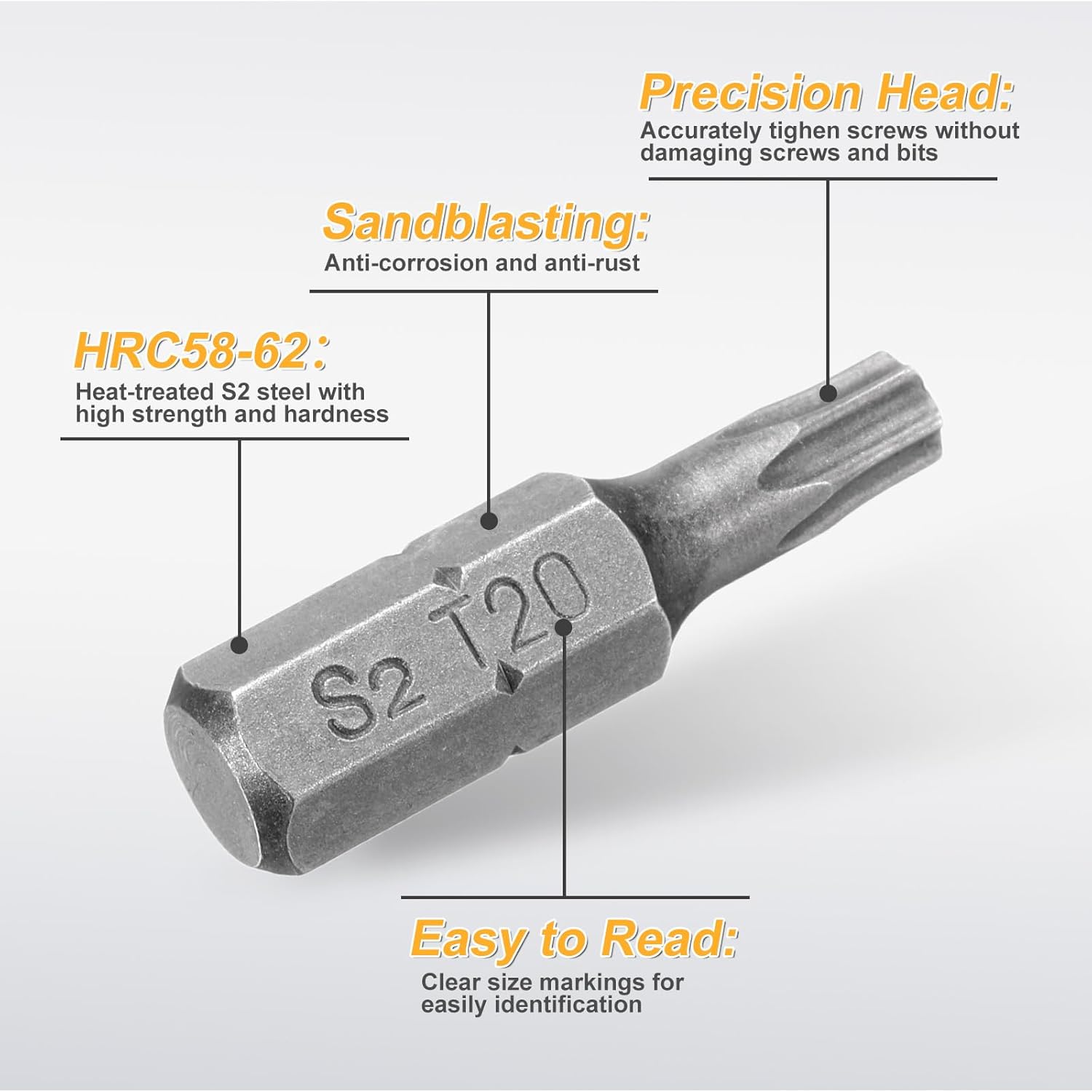 HARFINGTON 5pcs T20 Torx Screwdriver Bit 1/4" Hex Shank 25mm/1" Length S2 Steel Star 6 Point Head Hex Security Screw Driver Bits with Hole for Impact Electric Screw Driver Power Tools, Grey
