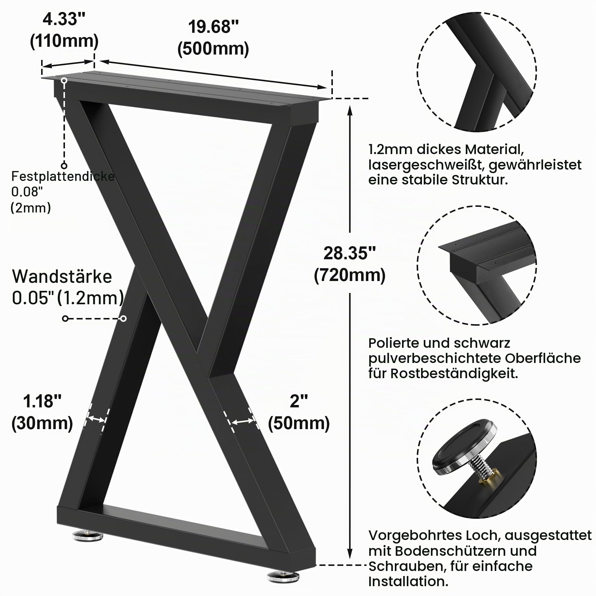 Tischbeine Metall Schwarz, Satz von 2, 72 x 50cm, schwarz pulverbeschichtet möbelfüße, Tischgestell Metall Tischgestell, DIY Esstisch Schreibtisch Büro Schreibtisch