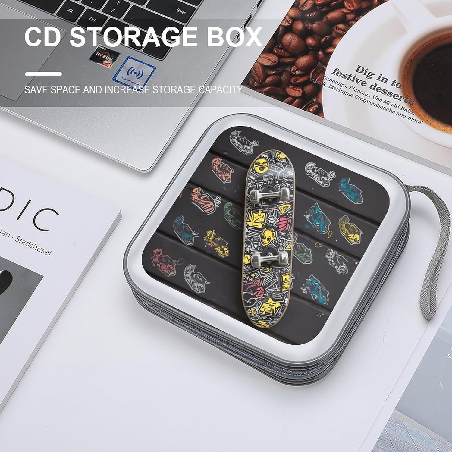 Graffiti Skateboard CD Case Holder Hard Plastic DVD Case Storage Holders 40 Capacity Large Storage Disc Wallet Bag Portable Zipper CD/DVD Wallet Holder Organizer for Car Home Travel