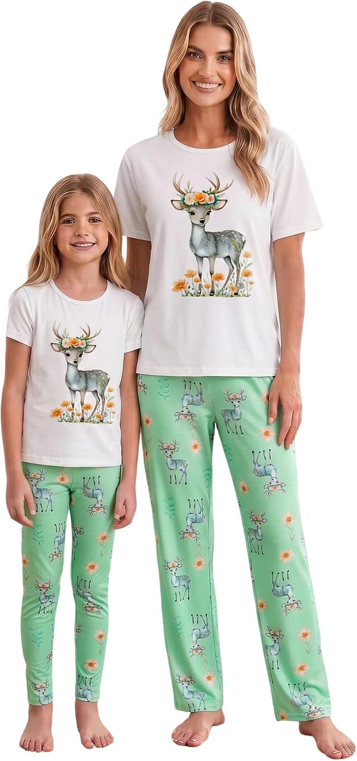 MyFav Mommy and Me Pajamas Heart Print Sleepwear Family Matching Short Sleeve Nightwear