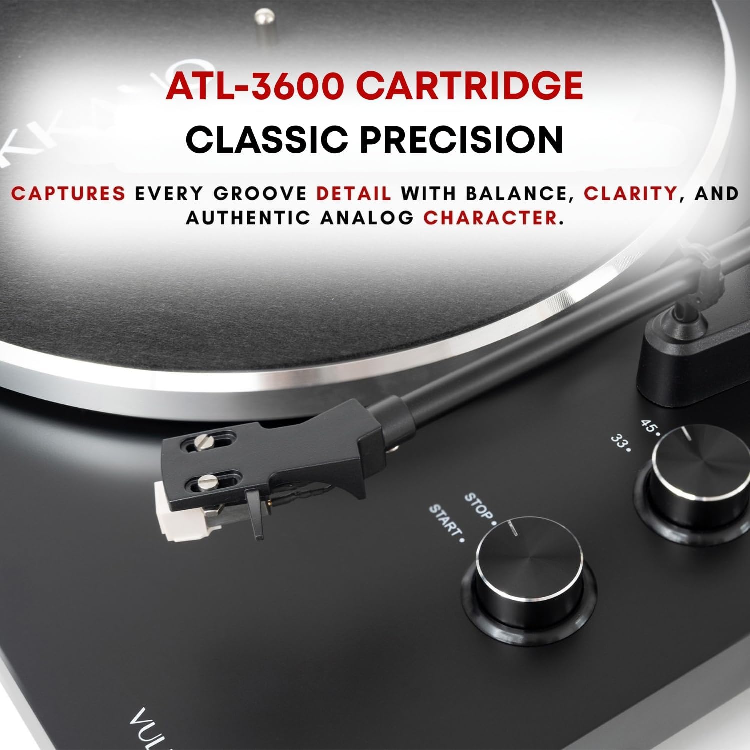 Close-up of the VULKKANO TD10 Turntable's tonearm and ATL-3600 cartridge, highlighting the precision components.