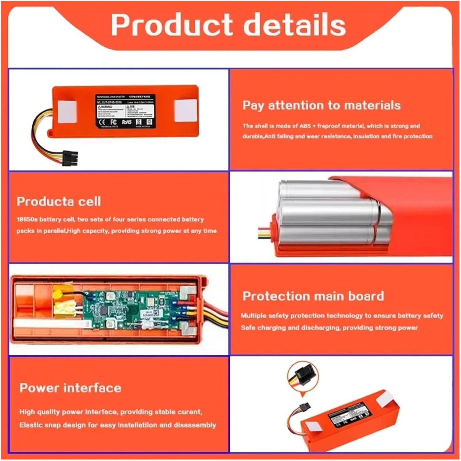 BRR-2P4S-5200S Robotic Vacuum Cleaner Replacement Battery Compatible for Xiaomi Roborock S55 S60 S65 S50 S51 S5 MAX S6 Parts(6800mAh 1 Piece)