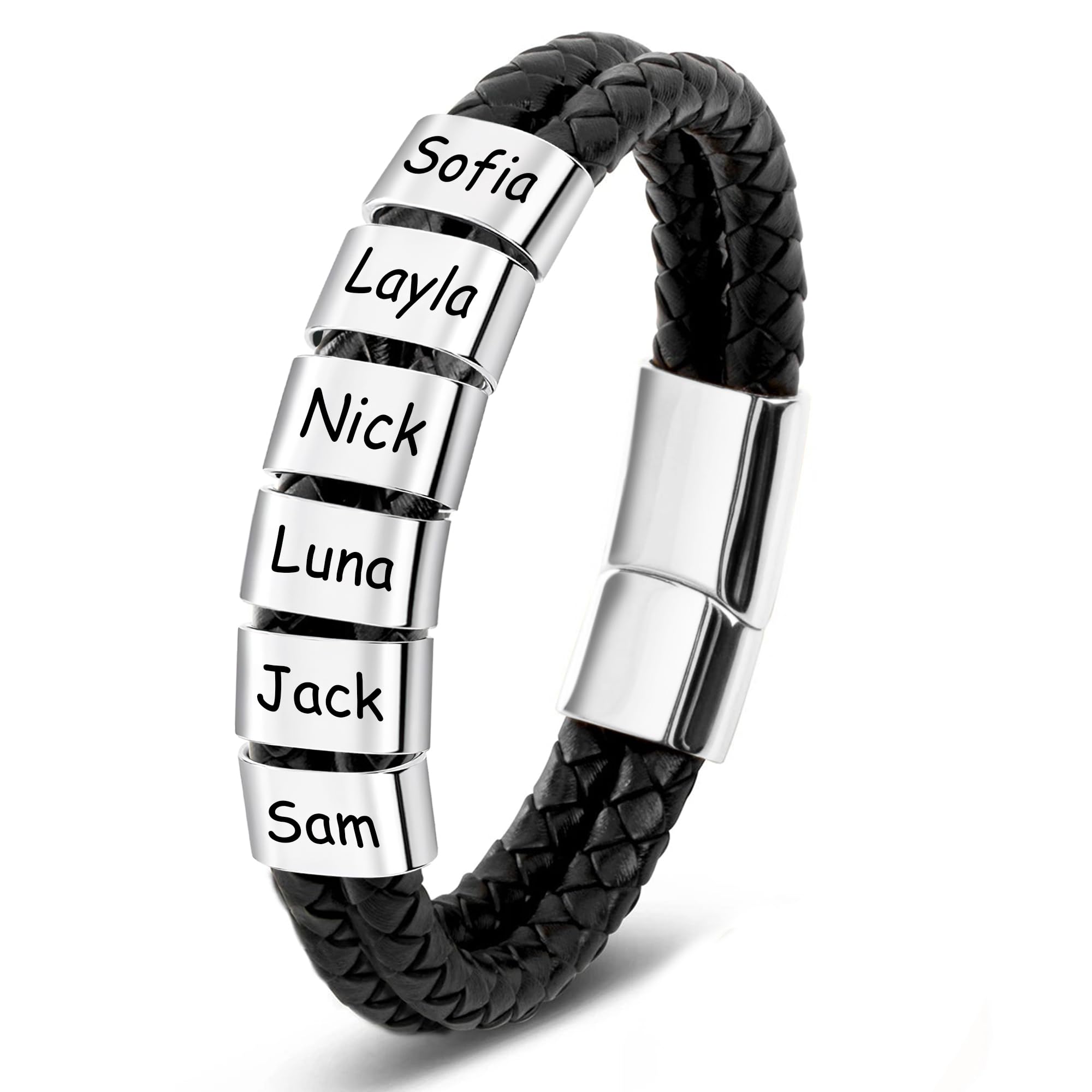 LASTSTA8 Custom Mens Bracelet with Famliy Name Adjustable Braided Leather Bracelets Personalized Fathers Day Dad Gifts from Daughter Son