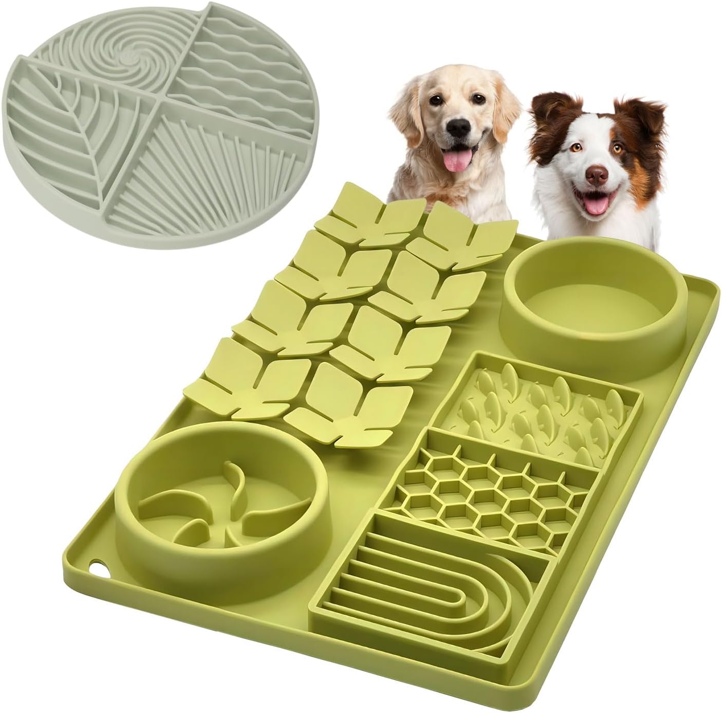 Slow Feeder Bowl Bundle: Green 4in1 Licking mat + Green Spiral Slow Feeder, Silicone Lick Mat with Suction Cups, Snuffle mat for Dogs, Interactive Sniff Mat for Slow Eating and Keep Busy