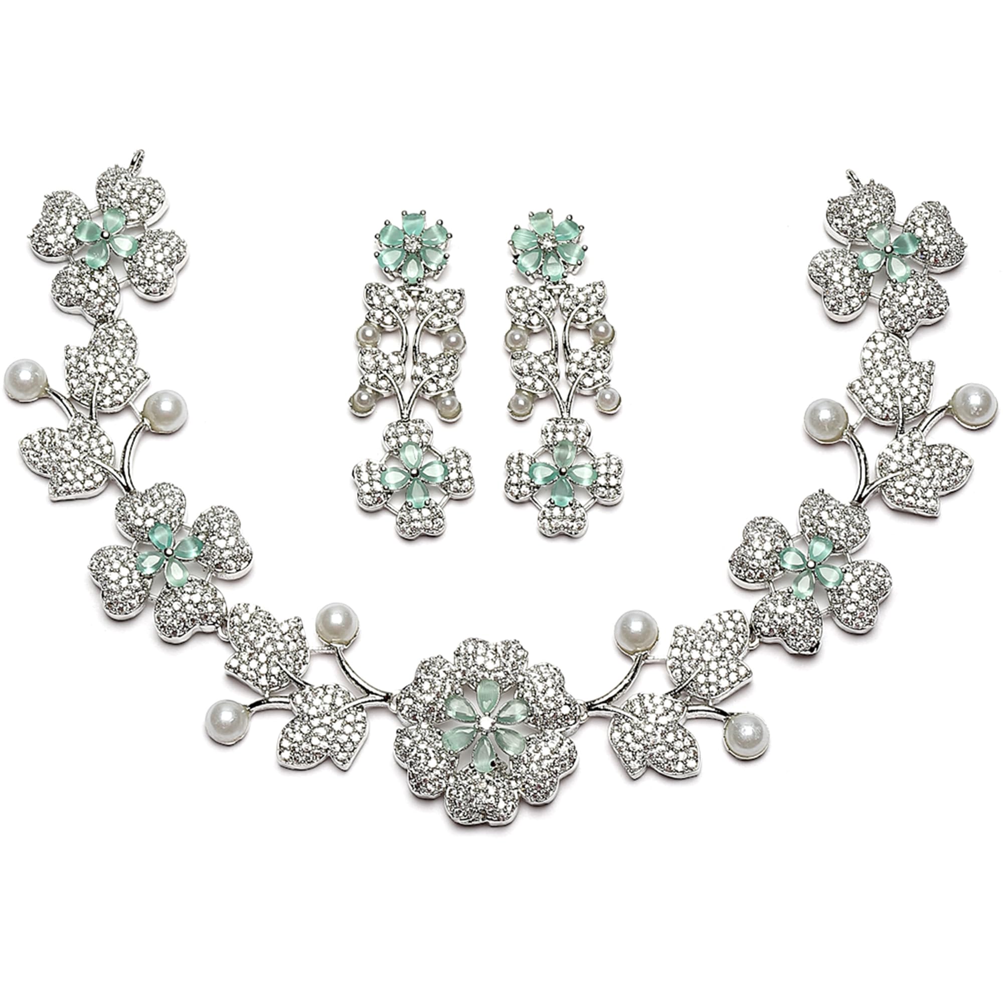 ZENEME Rhodium-Plated Cubic Zirconia Studded Floral Theme Necklace With Earrings Jewellery Set For Girls and Women (Sea Green) (B0CGR31FQR) Amazon Price History, Amazon Price Tracker