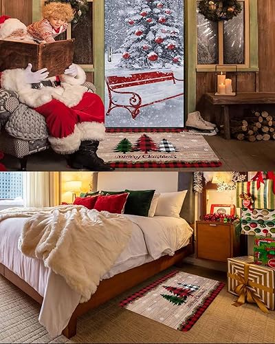 Vista 4 de Tapete de Feliz Navidad, tapete antideslizante para puerta delantera, baño, cocina, dormitorio, patio, entrada, 16 x 24 pulgadas, rojo, negro y verde