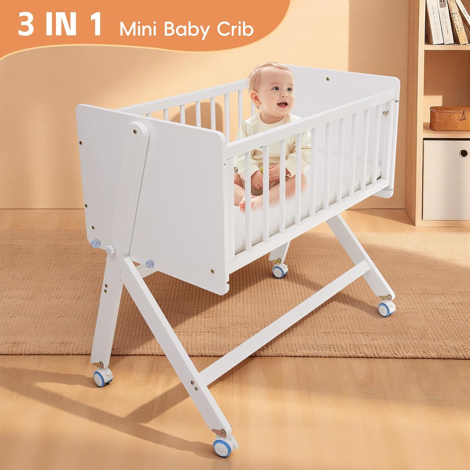 Rocking Bedside Baby Bassinet - 3-in-1 Baby Crib with Mattress,Wheeled Pine Wooden Bassinet Bedside Sleeper,Portable Co Sleeper for Small Room and Newborn