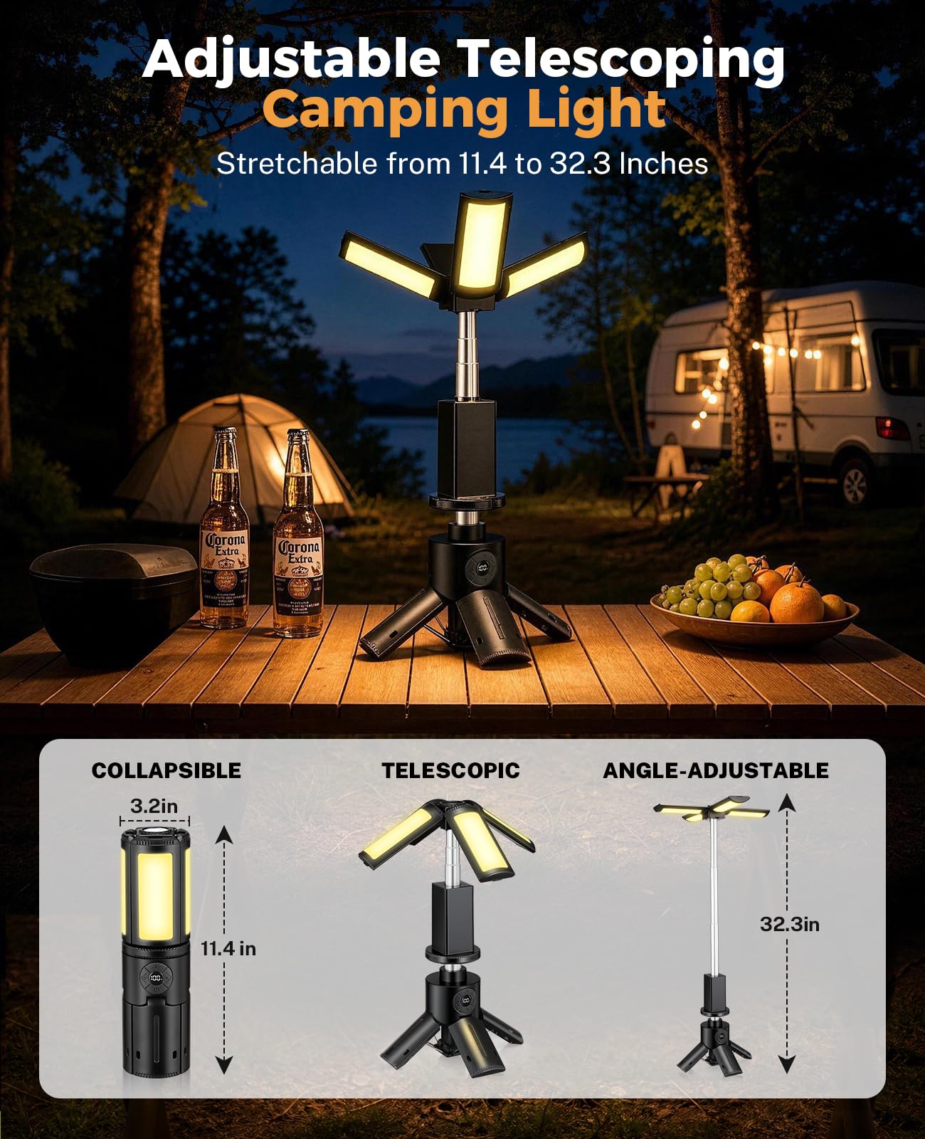 【Teleskop Wiederaufladbares Campinglicht】12000mAh Tragbare Campingleuchten mit Ständer - Outdoor Faltbare Campinglaternen mit 7200/5000/3600K Dimmbar IPX5 Wasserdicht für Wandern Camping