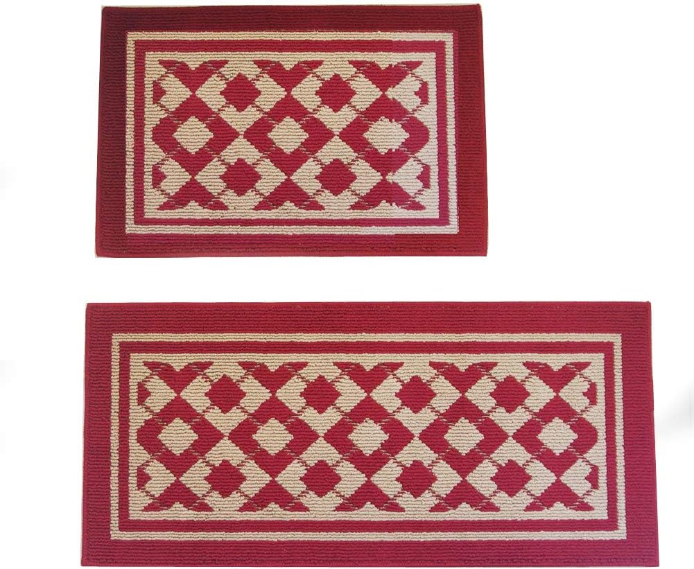 Home and Kitchen Rugs Modern Rug Non-Slip Kitchen Mat Rubber Backing Doormat Runner Rug Set, Diamond Pattern Design (Red 19.7"x29.9"+19.7"x43.3")